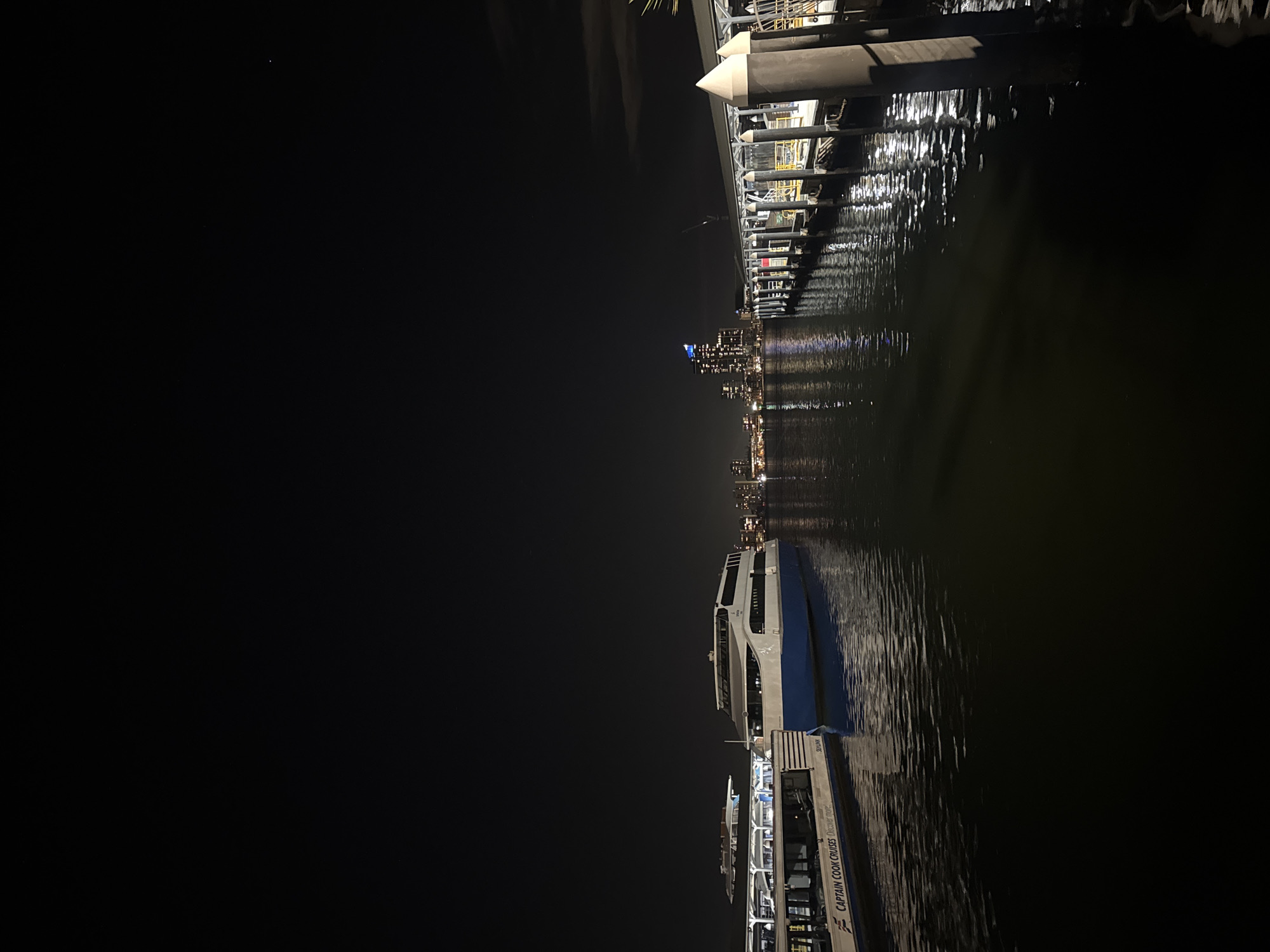 This media file captures a tranquil nighttime scene along a waterfront, likely in Perth, Australia, given the context. The image features a large, multi-deck passenger boat, possibly a cruise vessel or ferry, docked in the left-center of the frame. The boat is predominantly white and blue, with illuminated interior windows and exterior lights casting a glow on the dark water. Visible on its side are the words "CAPTAIN COOK CRUISES" and "Discover More," along with a registration number "5065 AW."
To the right, a sturdy pier or dock structure extends, supported by large, cylindrical posts. The water around the pier and extending towards the bottom of the frame reflects numerous elongated streaks of light from sources on the pier and the distant cityscape.
In the background, a distinct city skyline rises, adorned with countless lights from buildings, creating a sparkling panorama against the dark night sky. These city lights also cast shimmering reflections on the water's surface. The sky itself is very dark, suggesting a clear night with minimal light pollution from the foreground.
The scene is calm and serene, with no visible people or discernible activity beyond the stationary boat and the illuminated cityscape. The time of day is clearly night, with artificial lighting being the primary source of illumination, highlighting the reflective properties of the still water.