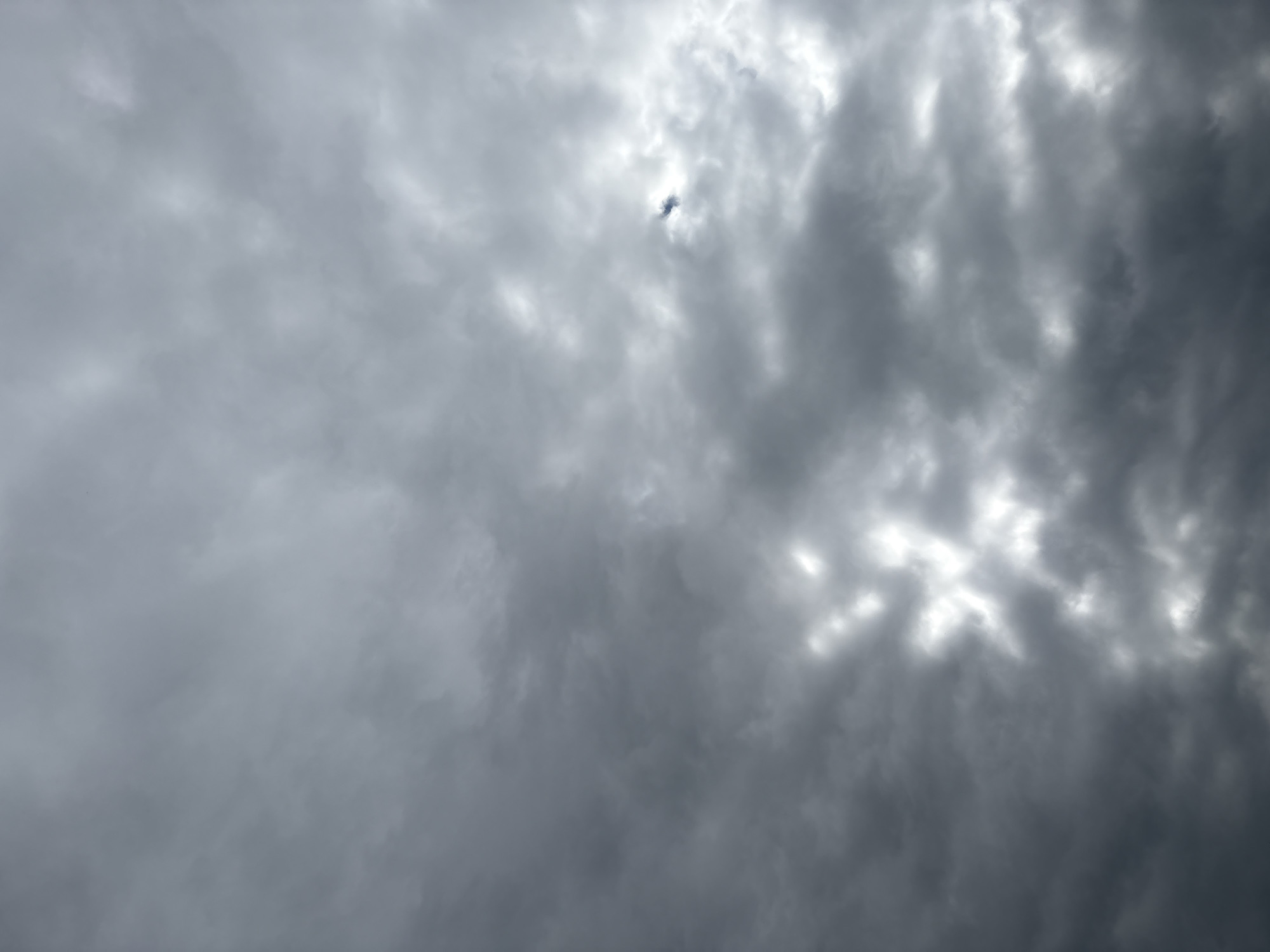 The image depicts a cloudy sky, likely taken from a ground-level perspective looking upwards. The clouds are dense and varied in color, ranging from light grey where sunlight is attempting to break through, to dark, ominous grey in thicker formations. The lighting suggests it could be overcast or approaching stormy weather. There are no people, objects, or discernible structures in the frame, making the sky itself the sole subject. The scene evokes a sense of nature's power and the transient beauty of atmospheric conditions. No text is visible. The location context is Sulmash, Russia.