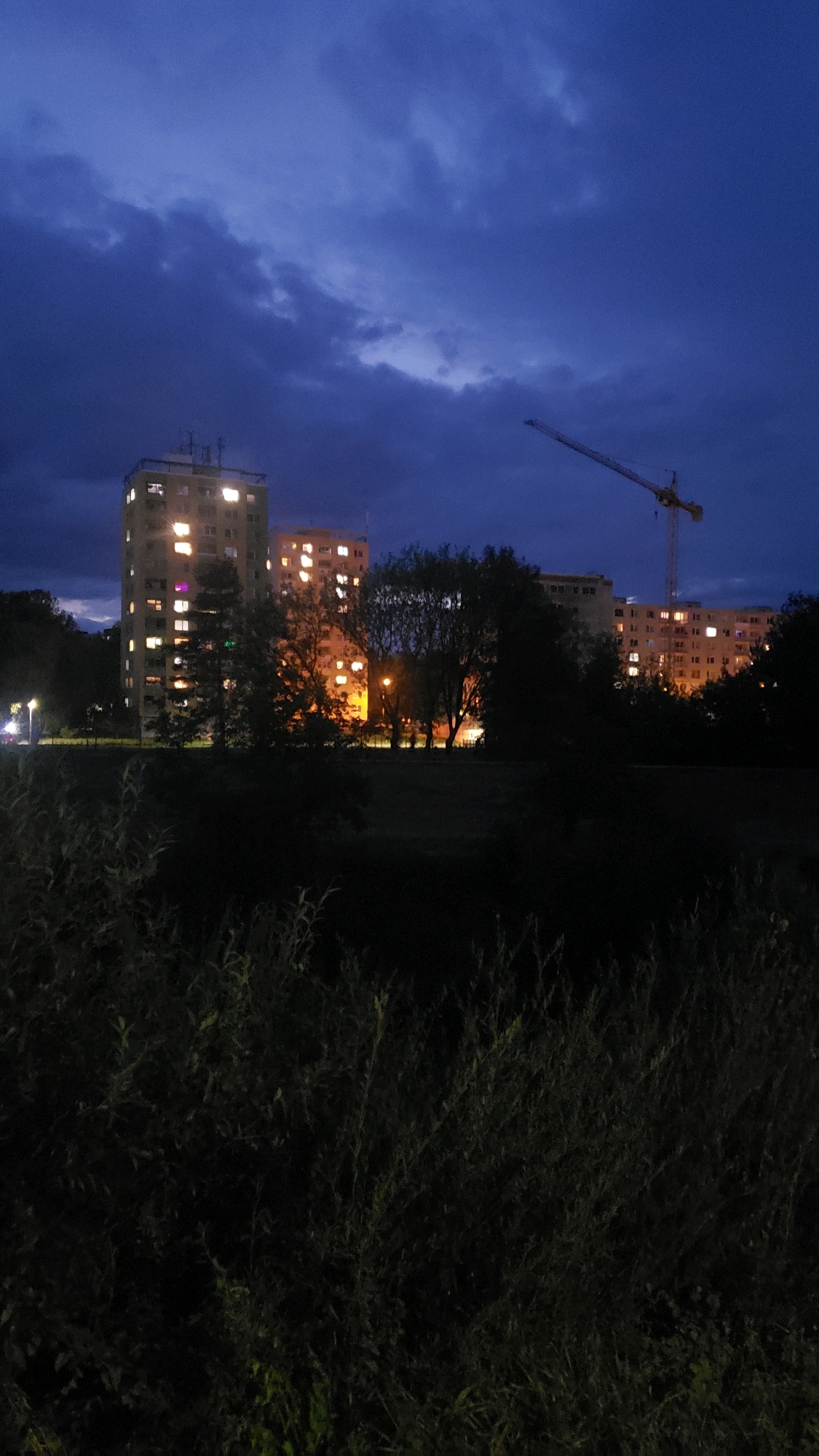 In the twilight of a city, a construction crane stands tall against a deep blue, cloudy sky. Below, two apartment buildings glow with interior lights, their windows illuminated rectangles in the fading light. Silhouetted trees partially obscure the view of the buildings, their dark foliage a stark contrast to the lit structures. In the foreground, the shadowy forms of bushes and tall grass create a natural border, suggesting the scene might be viewed from a park or a natural area bordering a more urban environment. The scene captures a moment of transition from day to night, with the artificial lights of human habitation asserting themselves against the encroaching darkness. This image could be a representation of the urban landscape of Prešov, Slovakia, particularly areas with modern apartment complexes and ongoing construction projects.