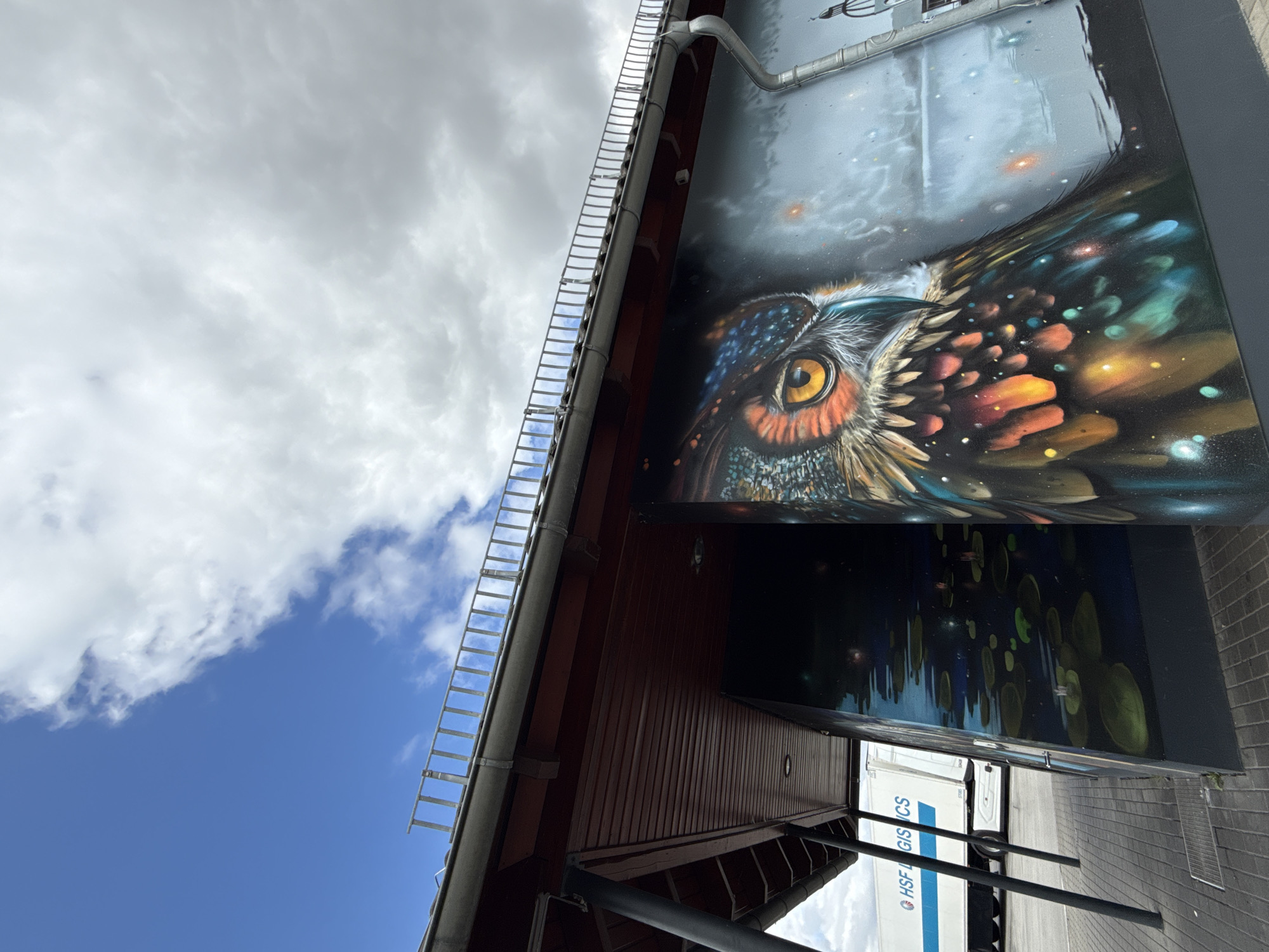 The image depicts a mural on the exterior wall of a building in Großpösna, Germany. The mural prominently features a close-up of an owl's face with vibrant orange and yellow eyes, detailed feathers in various colors including red, orange, blue, and green, and a dark, starry background. To the left of the owl mural, another section of the wall displays a painting of a dark body of water with lily pads and reflections, suggesting a night scene. A white semi-trailer truck with the blue logo "HSF LOGISTICS" is parked on a paved area in front of the building, visible under a covered walkway with a dark wooden ceiling and metal support beams. The building itself has a gray metal roof with a railing. The sky above is partly cloudy with patches of blue sky visible.
