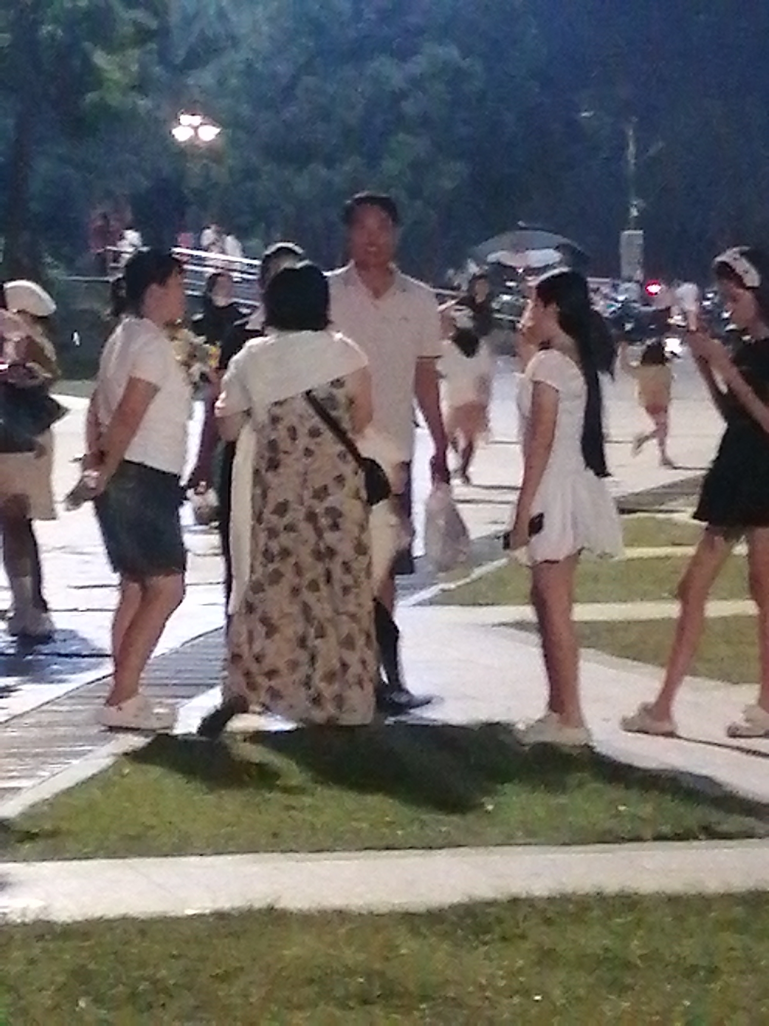 The image depicts a group of people at night in what appears to be a park or public square in Da Lat, Vietnam, with lush trees in the background and a well-lit path. The foreground shows a paved walkway and a grassy area. On the walkway, from left to right, a person in a white shirt and dark skirt is visible from the knees down. Next to them, a woman in a white t-shirt and a dark skirt stands facing left. To her right, a woman in a patterned, long dress is seen from the waist down, with a dark bag slung over her shoulder. Further to the right, a woman in a short white dress is captured from the knees up, holding a phone. To her right, a person in a black dress is visible from the thighs down. A man in a light-colored shirt is seen in the upper left portion of the frame, with his face turned away. In the middle ground, various other individuals are present, some blurred due to motion or distance. Streetlights or decorative lights are visible in the upper portion of the image, illuminating the scene. The overall atmosphere suggests a casual evening gathering.