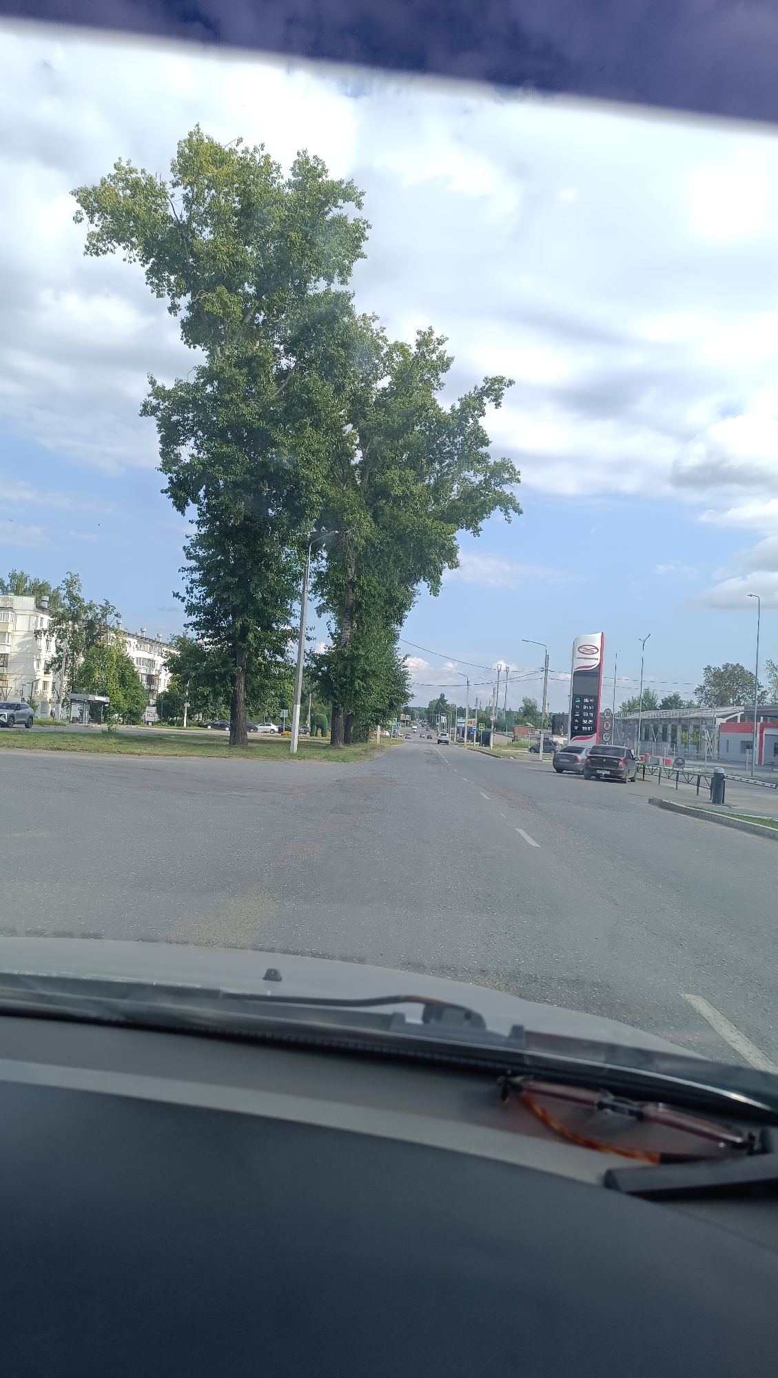 The image captures a view from a car on a sunny day, looking down a street in the city of Chaikovsky, Russia. Tall green trees with dense foliage dominate the foreground on the left side of the road. In the background, there are multi-story apartment buildings and a gas station with a prominent red and white sign displaying prices. Several cars are visible on the road, and pedestrians are not apparent. The sky is partly cloudy with scattered white clouds against a bright blue backdrop. The road surface appears to be asphalt. The perspective suggests the car is either stopped at an intersection or moving slowly. A pair of eyeglasses rests on the car's dashboard in the foreground.