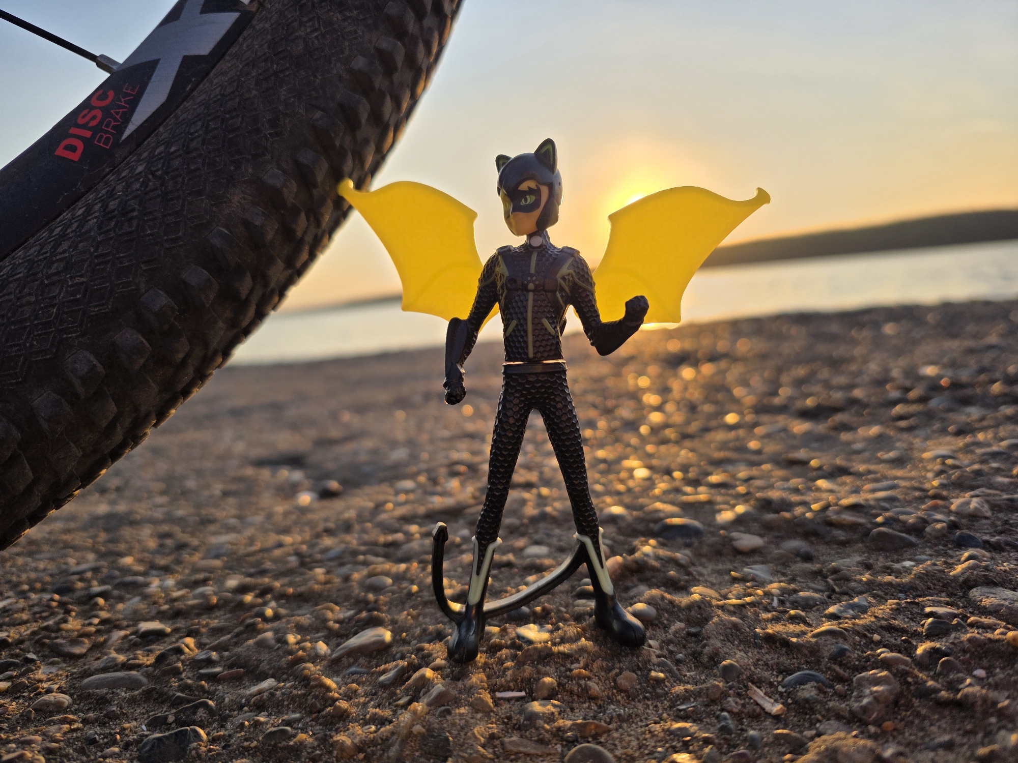 A low-angle shot captures a Cat Noir action figure, posed against a sunset backdrop, beside a bicycle tire on a rocky shore in Chaikovsky, Russia. The toy stands upright, its yellow wings spread, catching the sunlight. The bike tire, labeled "Disc Brake", dominates the left of the frame. In the background, the horizon line separates the water from the sky. The rocky ground is lit by the setting sun.