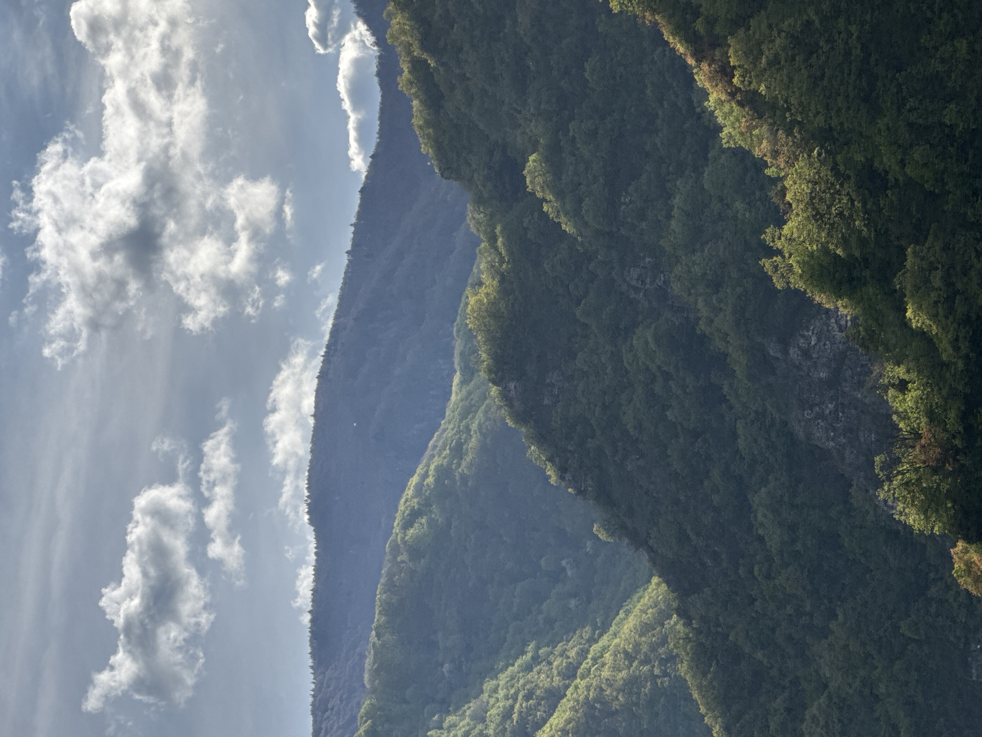 The image shows a vertical shot of a mountainous landscape with a cloudy sky, likely taken near Mihalkovo, Bulgaria. The mountains are covered in lush green vegetation, with varying shades of green suggesting different types or densities of trees and plants. The sky is partly cloudy, with white and gray clouds against a blue backdrop. The leftmost mountain appears more distant and has a blue-gray tint, while the other mountains are closer and more detailed. There are no visible people or structures in the image.