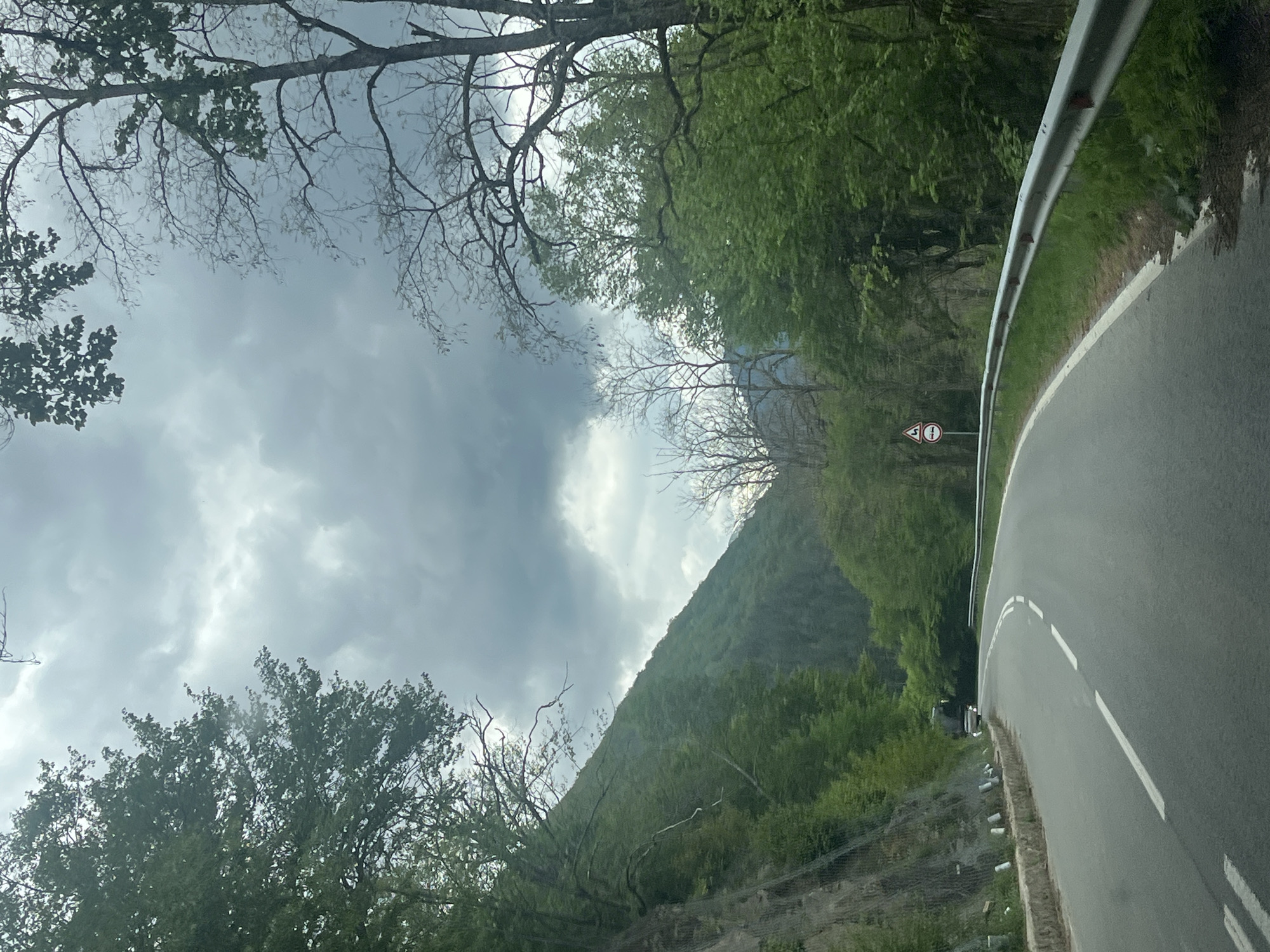 A low-angle shot depicts a curved asphalt road with white lane markings, lined by a metal guardrail, bordering a steep, verdant hillside. The landscape is overcast with a cloudy sky visible above sparse trees. A small road sign is near the guardrail, indicating a speed limit restriction. The photograph's location is near Рилски манастир, Bulgaria.