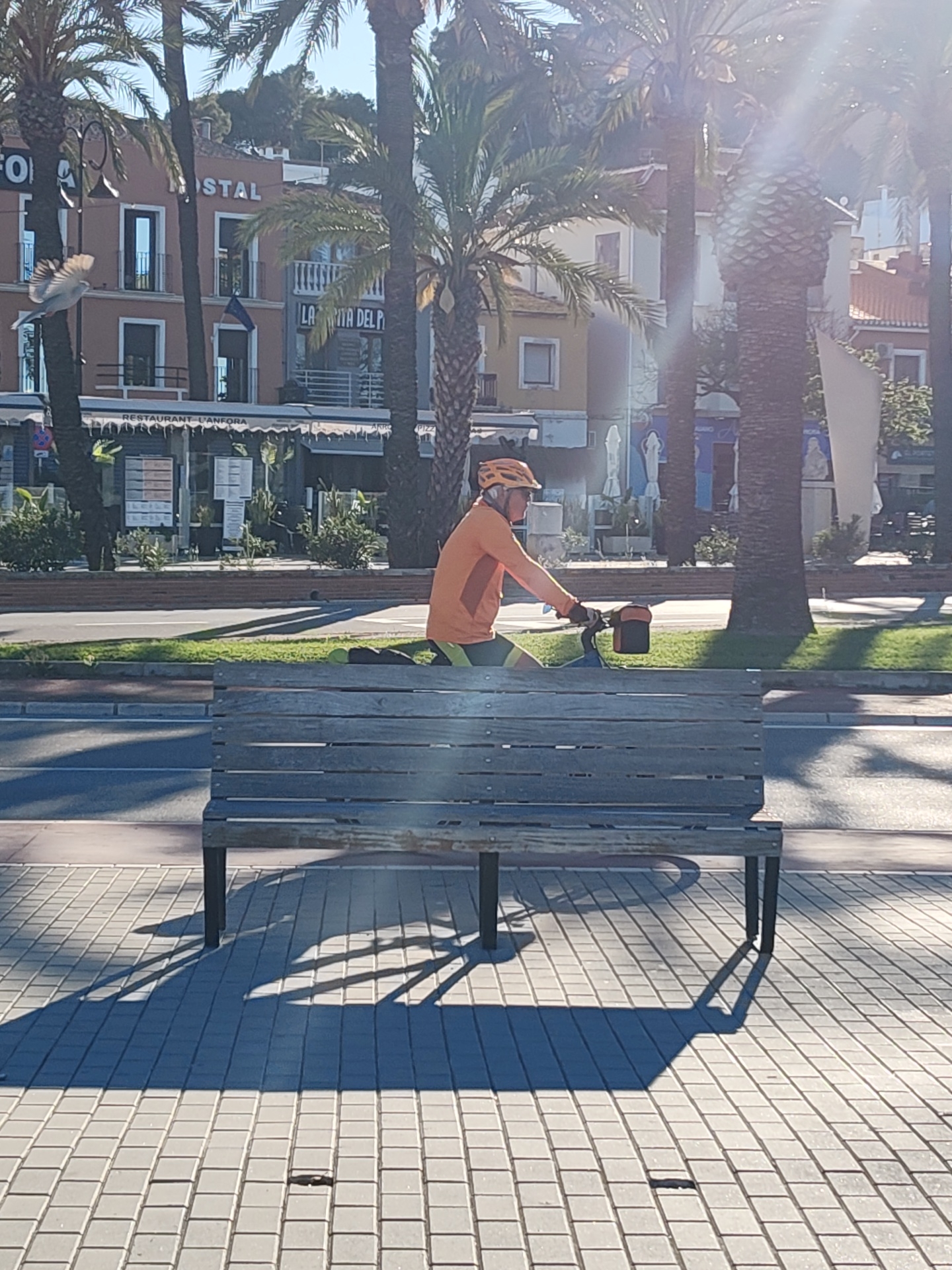 A sun-drenched scene in Dénia, Spain, features a man on a bicycle riding past a wooden park bench. The man is wearing an orange shirt and an orange helmet. In the background are palm trees and buildings, including one with the sign "HOSTAL LA VILLA DEL PE." A restaurant with an awning is visible on the ground floor. A bird is in flight near the left side of the image. The ground is paved with interlocking square stones, and the shadows cast by the bench are long and sharp.