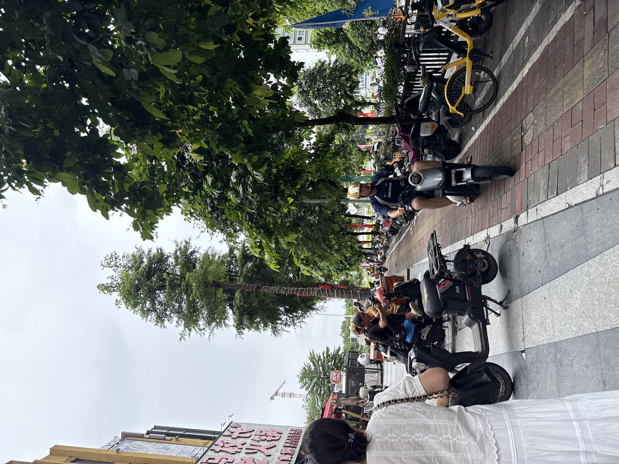 The image shows a street scene in Haizhu District, China, on a cloudy day. In the foreground, a woman in a white dress stands with her back to the camera, holding a black purse with a chain strap. To her left, a black electric scooter is parked on the sidewalk. A man in a black shirt and helmet is riding a silver electric scooter in the middle of the frame, moving towards the right. He is wearing shorts and sandals. Behind him, several other motorcycles and scooters are parked along the sidewalk.
On the left side of the image, a building with large pink Chinese characters and a yellow facade is visible. Further down the street, a construction crane is visible against the cloudy sky. Trees line the right side of the sidewalk, providing shade. A blue flag with yellow Chinese characters is attached to a pole on the right. The ground is paved with grey and red bricks, with white lines indicating a pedestrian path. People are seen on the scooters and in the background, suggesting a busy urban environment.