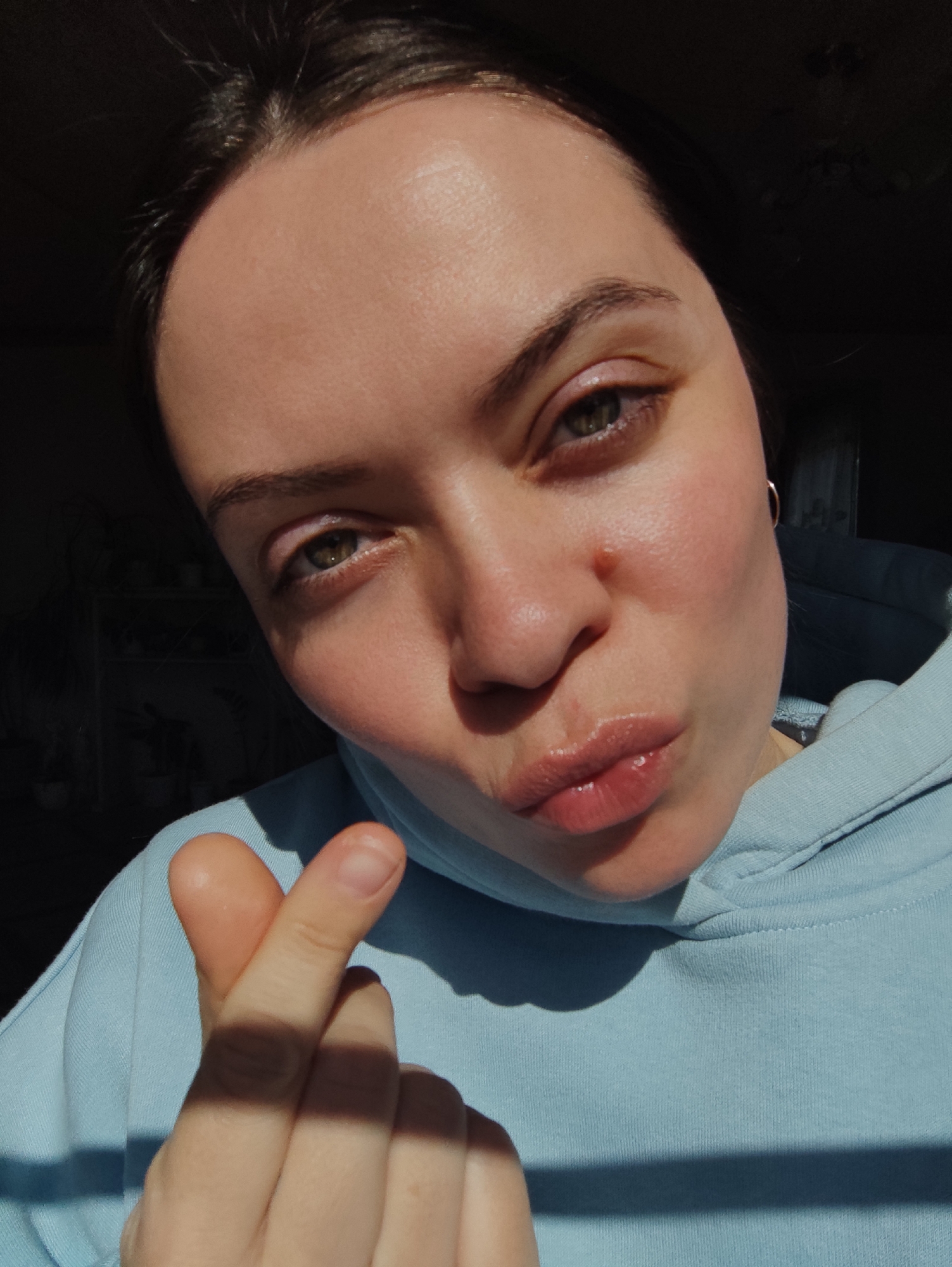 A close-up portrait features a young person, likely female, indoors in what appears to be Фоки, Russia. The subject has dark hair pulled back, green/hazel eyes, and fair skin, with a natural flush on her cheeks. She is wearing a light blue hooded sweatshirt.
The person is captured mid-gesture, forming a "finger heart" with her right hand, a popular symbol of love or affection. Her lips are slightly pursed in a "kiss" or "pout" expression, and her left eye (viewer's right) is subtly winking or squinting, conveying a playful or affectionate mood. A small gold hoop earring is visible in her right ear.
Strong, directional natural light, likely from a window, illuminates the right side of her face and the top of her head, creating bright highlights and casting distinct shadows across the left side of her face and the background. The background is dark and out of focus, suggesting an indoor setting with vague forms of furniture or shelves, possibly holding potted plants. No text is visible in the image.
