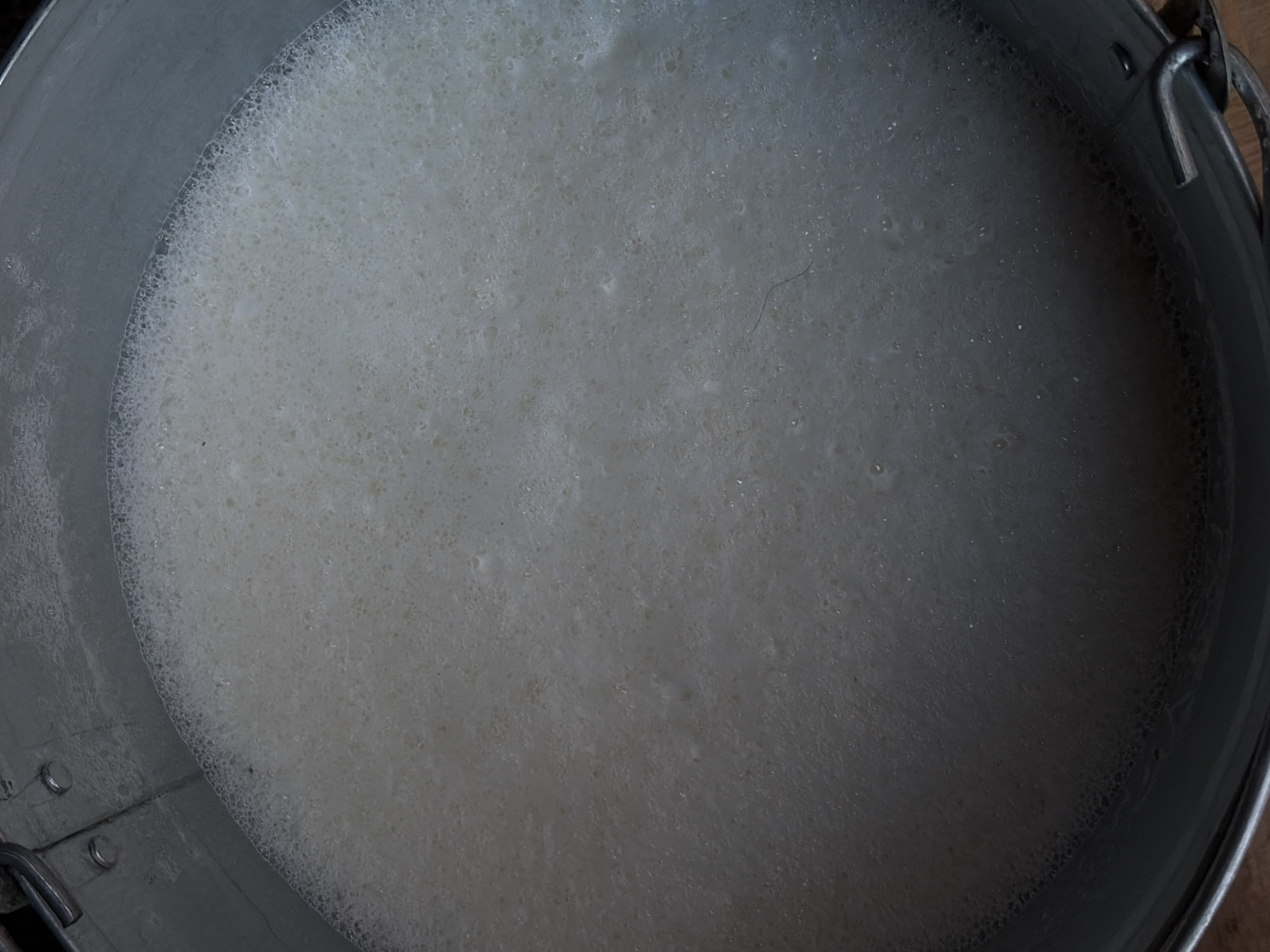 An overhead shot depicts a metallic bucket filled with a foamy, white liquid. The liquid is mostly opaque, with a texture comprised of many small bubbles. The bucket is made of a light-colored metal, possibly aluminum or steel. The background is slightly darker than the bucket and its contents. The photo appears to be taken indoors. There is no visible connection to the city of Кадряково, Russia.