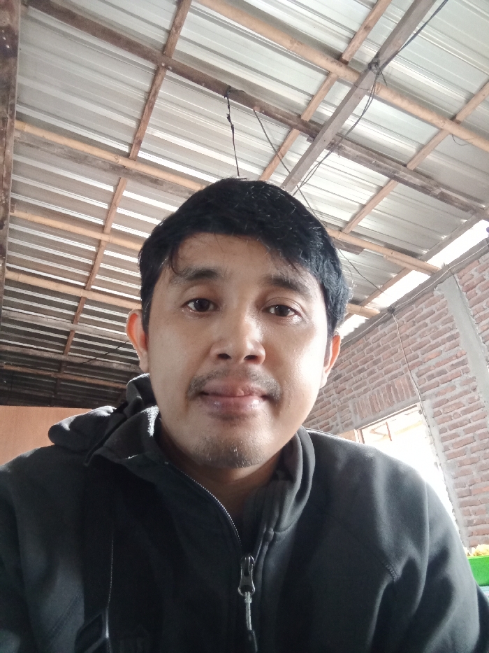 A person with dark hair, a mustache, and light skin is centered in the image. They are wearing a dark gray hoodie. The background includes a corrugated metal roof with wooden supports, and a brick wall can be seen on the right side. The lighting appears to be natural, possibly from daylight. The photo is taken from a low angle.