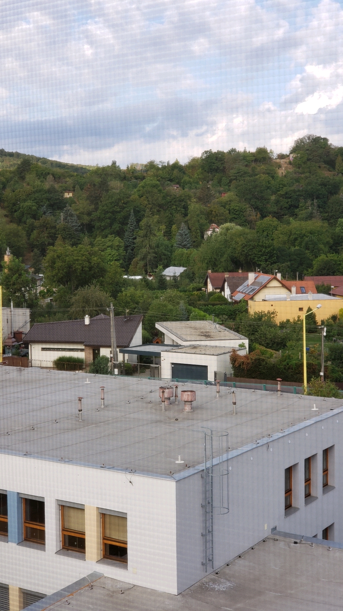 The image shows a residential area on a hillside with a cloudy sky overhead. In the foreground is the flat, grey rooftop of a modern building, likely a school or office building, with several ventilation pipes and a metal ladder attached to the side. Beyond this building, there are several houses with pitched roofs of various colors, nestled amongst dense green trees. The houses appear to be of different architectural styles, with some featuring yellow, white, and brown exteriors. Some houses have solar panels on their roofs. The hillside is heavily wooded, with the trees reaching towards the sky. The overall impression is of a suburban or semi-rural setting within a city. This is likely a view from an elevated position looking down onto the residential area. The image does not contain any people or explicit actions. The environment is natural, with a clear emphasis on buildings and vegetation.