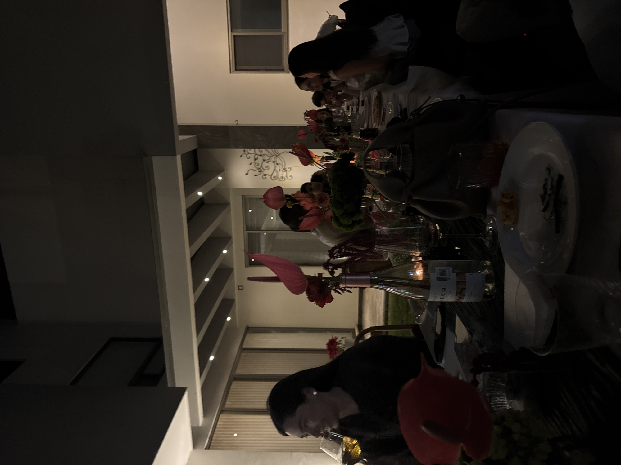 The image portrays an evening social gathering, likely a dinner party, held in a modern outdoor or semi-outdoor patio environment. Approximately seven to ten individuals, primarily women, are seated around a long, rectangular table. A woman on the far left is prominently visible, smiling while holding a glass containing a light-colored beverage. She has dark hair and is wearing dark attire with small earrings. Other attendees are partially obscured by dim lighting and table decorations, appearing to be engaged in conversation.
The setting includes a structured ceiling with exposed beams and recessed lighting. In the background to the left, a system of sliding glass doors with vertical blinds opens to an outdoor area featuring green lawn and potted plants with red flowers, possibly poinsettias. To the right, a plain, light-colored wall features a rectangular window and dark, decorative metal scrollwork.
The table is covered with a white tablecloth and a dark runner, centrally decorated with multiple floral arrangements composed of red anthuriums, other red flowers, and greenery. Several lit candles are interspersed among the decorations, providing additional illumination. Visible objects on the table include white dinner plates, various drinking glasses (wine glasses and tumblers), and multiple wine bottles, one specifically labeled "MECQ." Small food remnants are present on some plates. A light-colored handbag rests on the table.
The specific location within the city of Puebla, Mexico, cannot be determined from the visual information provided.