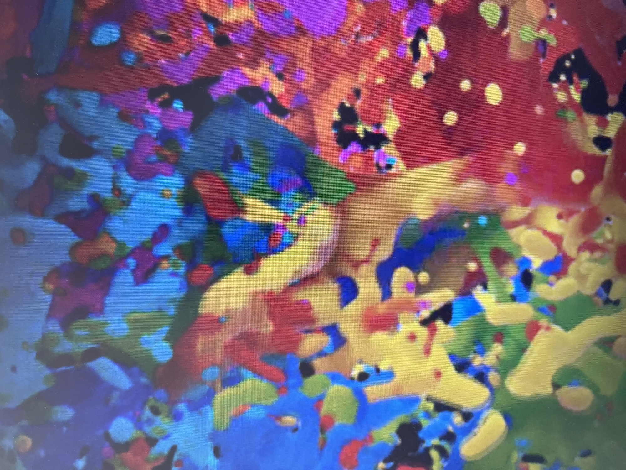 The image shows an abstract artwork featuring a dense composition of colorful, irregularly shaped forms. The color palette includes blues, reds, yellows, greens, and purples, blended and layered in a seemingly chaotic manner. Black patches are interspersed throughout. There are no identifiable people, subjects, objects, actions, interactions, or environmental clues to indicate a location. The image does not appear to be associated with a specific scene or location.