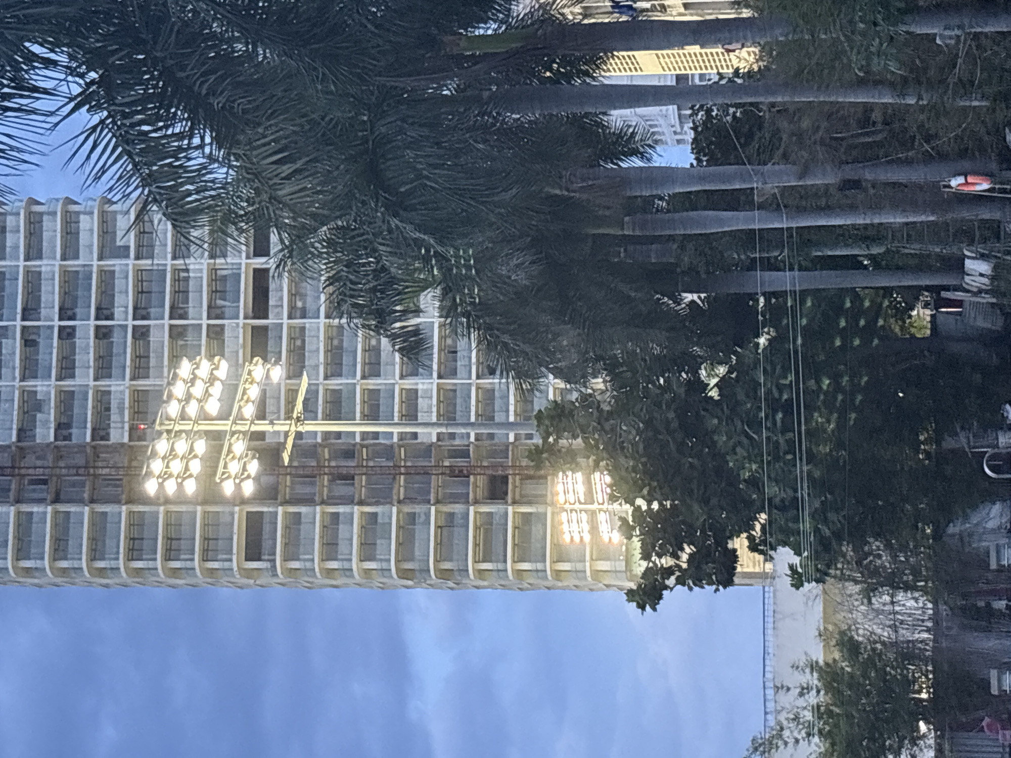 The image captures a view of a tall, multi-story building under construction, likely a residential or hotel complex, in Nha Trang Ward, Vietnam. The building's facade reveals rows of windows and balconies, some of which are covered with scaffolding or protective netting, indicating ongoing work. In the foreground, a series of tall palm trees stand, their fronds obscuring parts of the building and the sky. Prominently featured is a large lighting rig with multiple bright spotlights, illuminating a section of the building's lower floors, suggesting it may be a sports venue or an area that requires nighttime illumination. The sky is partly cloudy, with a twilight or dusk hue. The overall scene conveys a sense of urban development and activity.