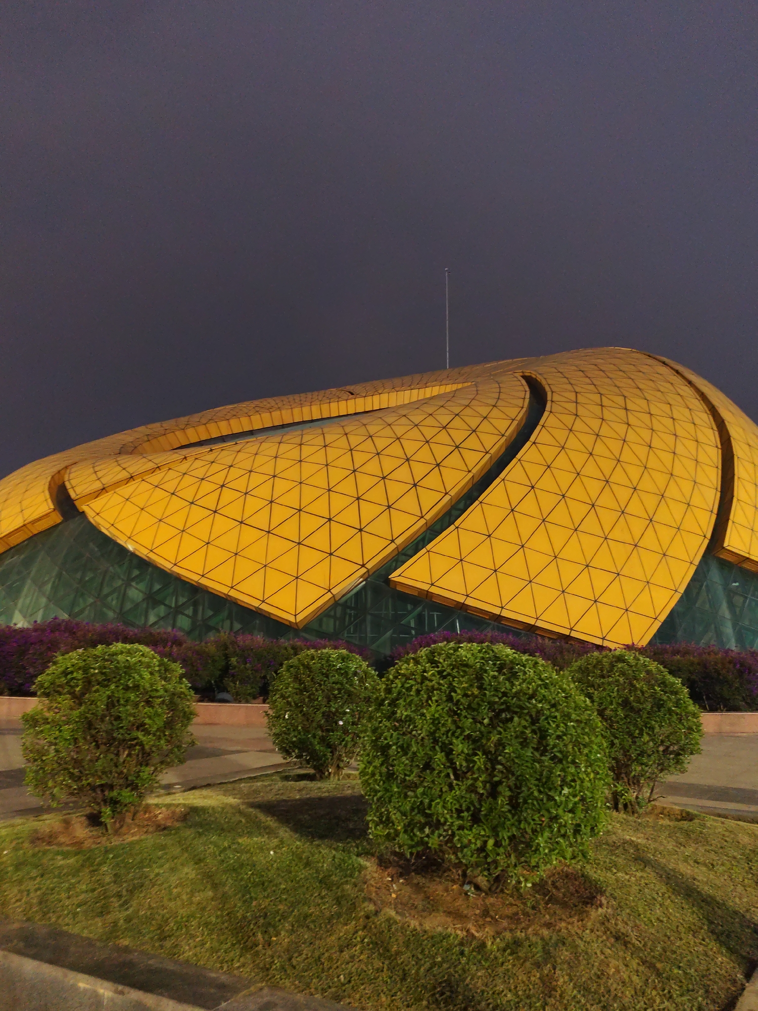 The image presents a striking architectural scene at night in Da Lat, Vietnam. The main subject is a large, modern building distinguished by its unique roof, which features multiple, curved segments in a vibrant golden-yellow hue, resembling petals or a wild sunflower. These golden panels are patterned with a black grid. Below the golden roof, sections of green-tinted glass form the building's lower structure. A slender antenna or flagpole extends vertically from the building into the dark sky.
In the foreground and midground, several well-maintained, spherical green bushes are planted on grassy mounds, illuminated by artificial light from below. Behind these green bushes and in front of the building's glass base, a dense band of purple flowering bushes adds a pop of color. The ground consists of manicured grass and some paved areas.
The photograph captures the scene at night or late dusk, indicated by the deep blue-grey sky and the artificial lighting that accentuates the golden building and the foreground landscaping. The weather appears clear. No activity or people are visible, emphasizing the architectural and natural elements. The distinctive golden structure is identifiable as part of Lam Vien Square in Da Lat. No text is visible in the image.