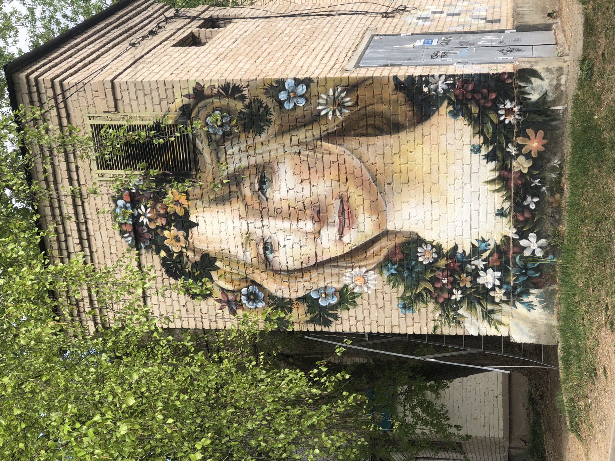 A tall brick building in Chaikovsky, Russia, features a mural of a woman's face adorned with a flower crown. The building is aged, with some weathering on the brickwork. The mural is detailed, with visible brushstrokes and color variations that follow the contours of the brick surface. The woman's face is serene, with light hair and blue eyes. The flower crown is a mix of various flowers in different colors. A tree with bright green foliage is partially obscuring the lower left side of the building. A set of stairs leads up to the side of the building below the mural.