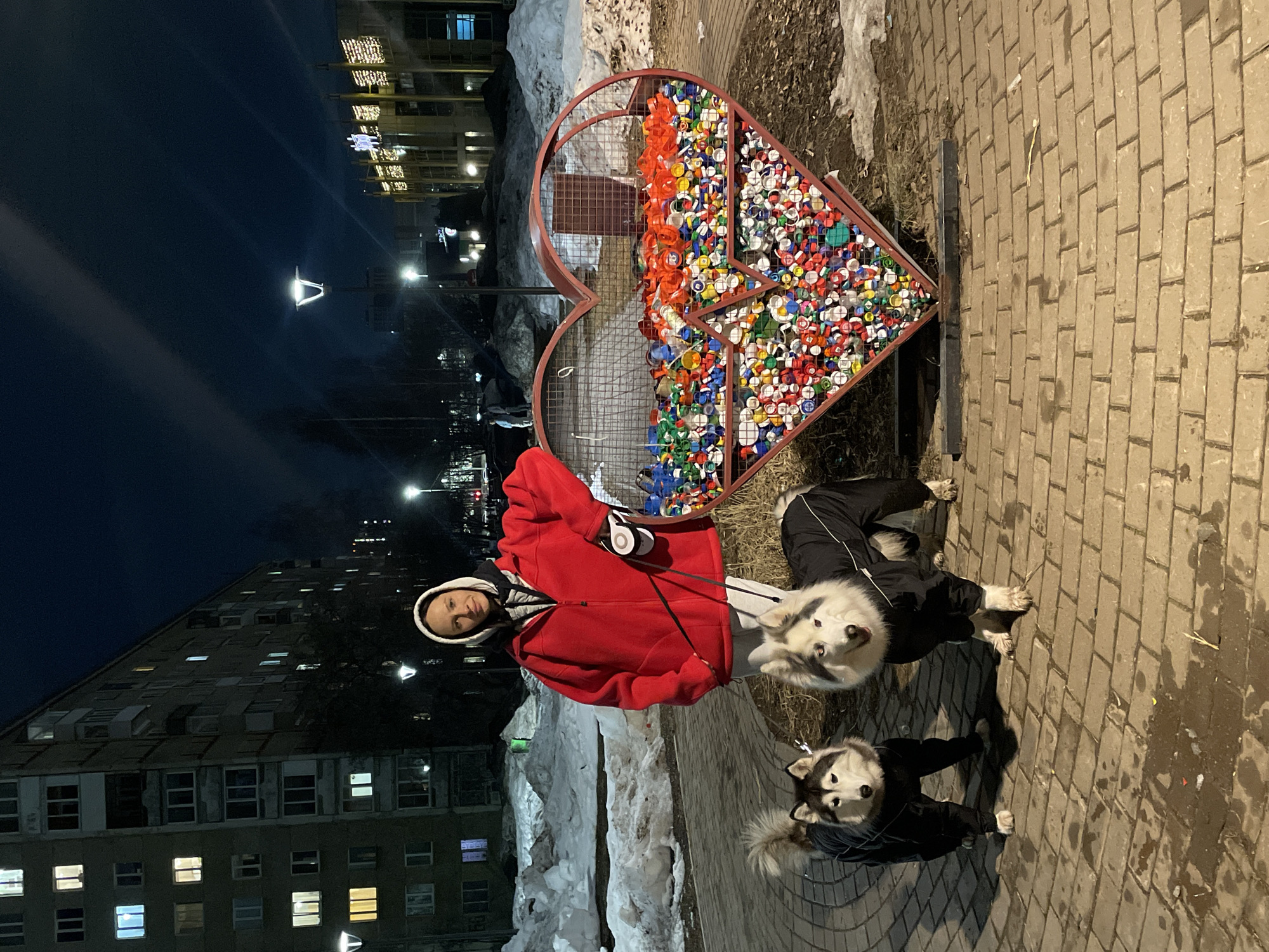 A medium shot shows a woman standing next to a heart-shaped wire container filled with colorful plastic bottle caps with two dogs on leashes, on a brick pathway. The woman wears a red jacket and grey sweatpants with a white hood up around her head, and black headphones around her neck. She stands on the left side of the heart-shaped container, which is filled with an assortment of red, white, blue, green, and other colored plastic bottle caps. The dogs, Siberian Huskies, stand to the right of the container; the one in the foreground is dark grey and white and wears a black jacket. The dog behind it is white and wears a black jacket. The brick pathway leads to snow covered ground on the right and left. Behind the woman is a snow covered area and a multi-story apartment building. Street lights are visible behind the building, as well as more buildings in the distance. The image appears to have been taken at night. The scene is located in Izhevsk, Russia.