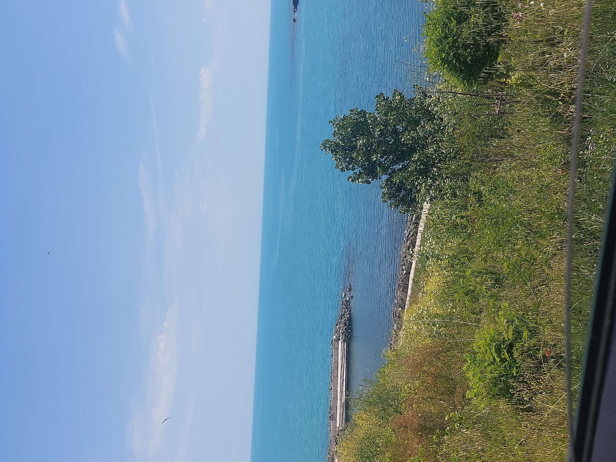 The image depicts a view of the Black Sea from a high vantage point in Tsarevo, Bulgaria. The sky is predominantly blue with sparse cloud cover. The sea is calm, with varying shades of turquoise. A concrete pier extends into the water. Vegetation, including trees and grasses, is abundant along the coastline.