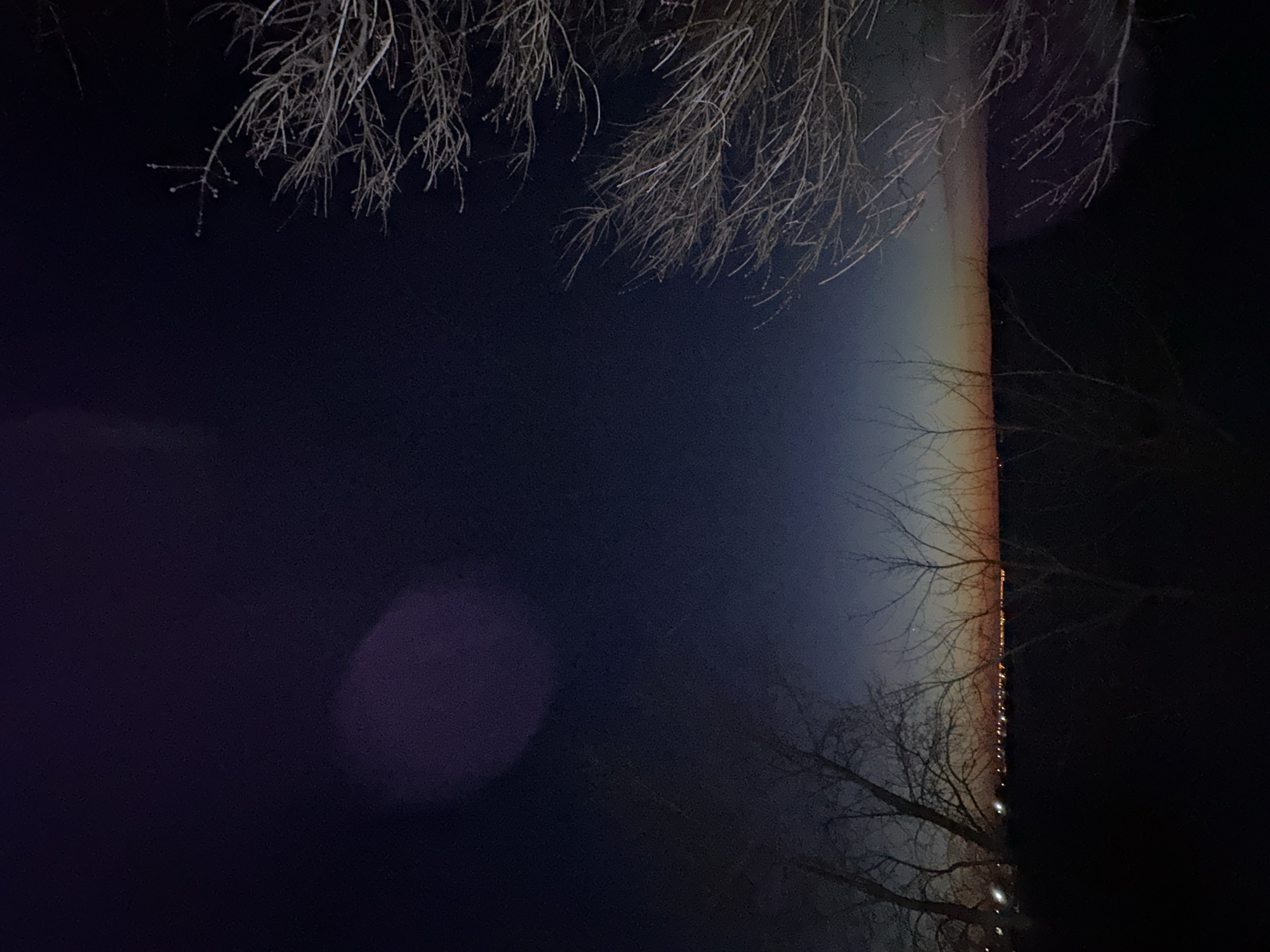 The image, possibly taken at night, shows a vertical streak of rainbow colors against a predominantly dark blue and black background. Bare tree branches are visible at the top and right side, and silhouetted against the darker areas. The rainbow effect appears to be a result of light refraction, potentially from streetlights or other artificial sources, reflecting off moisture or particles in the atmosphere. The location is specified as Chaikovsky, Russia, but the image itself does not provide additional information to confirm this location.