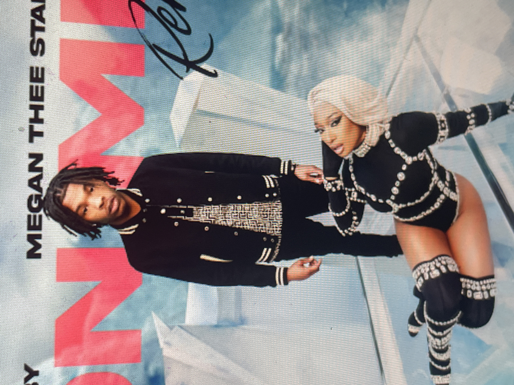 An image, likely a promotional poster or album cover, displays two individuals, a man and a woman, posing against an abstract background. The image is oriented vertically, but the text and subjects suggest it should be viewed horizontally, with the man on the left and the woman on the right.
The man, with dark skin and dreadlocks, stands on the left, looking directly at the viewer with a neutral expression. He wears a black bomber jacket with white stripes on the cuffs and collar, and an intricate white or light-colored geometric pattern across the chest and abdomen. His right hand is slightly raised, near the woman.
The woman, with lighter skin and long blonde hair, is on the right, also looking directly at the viewer with a confident or assertive expression. She wears a black, form-fitting bodysuit adorned with numerous silver or white studs/rhinestones arranged in patterns across her torso and arms. She also has matching thigh-high boots or leg coverings with similar embellishments. Her body is angled, and her left arm is bent.
The background is a light blue, resembling a sky or gradient, with abstract white architectural or structural elements, suggesting a modern, elevated, or futuristic setting.
Visible text includes "MEGAN THE STALLION" running vertically upwards along the left side. A large, prominent red letter "M" is positioned vertically behind the man. Above the woman's head, a partially obscured, stylized signature or text appears to be "Lil Baby". The image depicts a posed activity, likely for an album or single release.