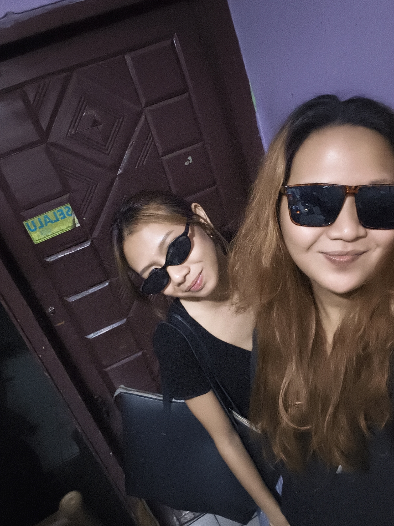 Two women are captured in a selfie, standing in what appears to be an indoor environment with a dark wooden door on the left and a purple wall on the right. The woman on the left is wearing black sunglasses and a black top, with her right arm visible. She is looking at the camera and smiling, with her hair pulled back. A sticker with text in what appears to be a reversed alphabet is affixed to the door. The woman on the right is wearing large, dark sunglasses with tortoiseshell frames and a black top. Her long, reddish-brown hair is flowing over her shoulders. She is also looking at the camera and smiling. The lighting in the scene is dim, with a slight reddish hue. The presence of a sticker on the door suggests this location might be in a residential or commercial establishment within the city of Depok, Indonesia, as indicated by the reversed text likely being Indonesian.