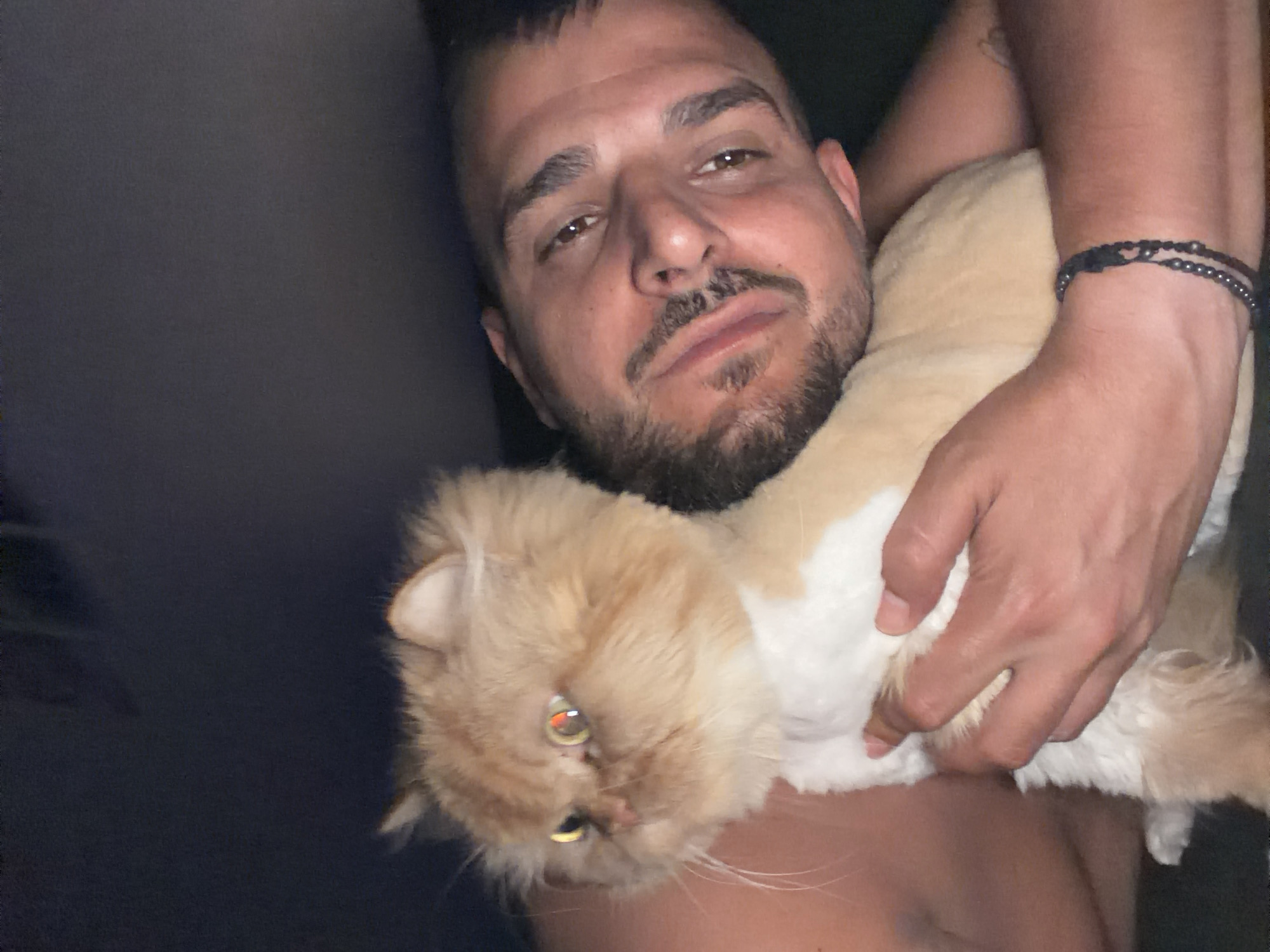 A man is holding a cat. The man has brown hair, brown eyes, and a beard. The cat is tan and white. The man is holding the cat with his arms around it. The man has a bracelet on his wrist. The location is not discernible from the image. The image contains no indicators of it being in Sofia, Bulgaria.