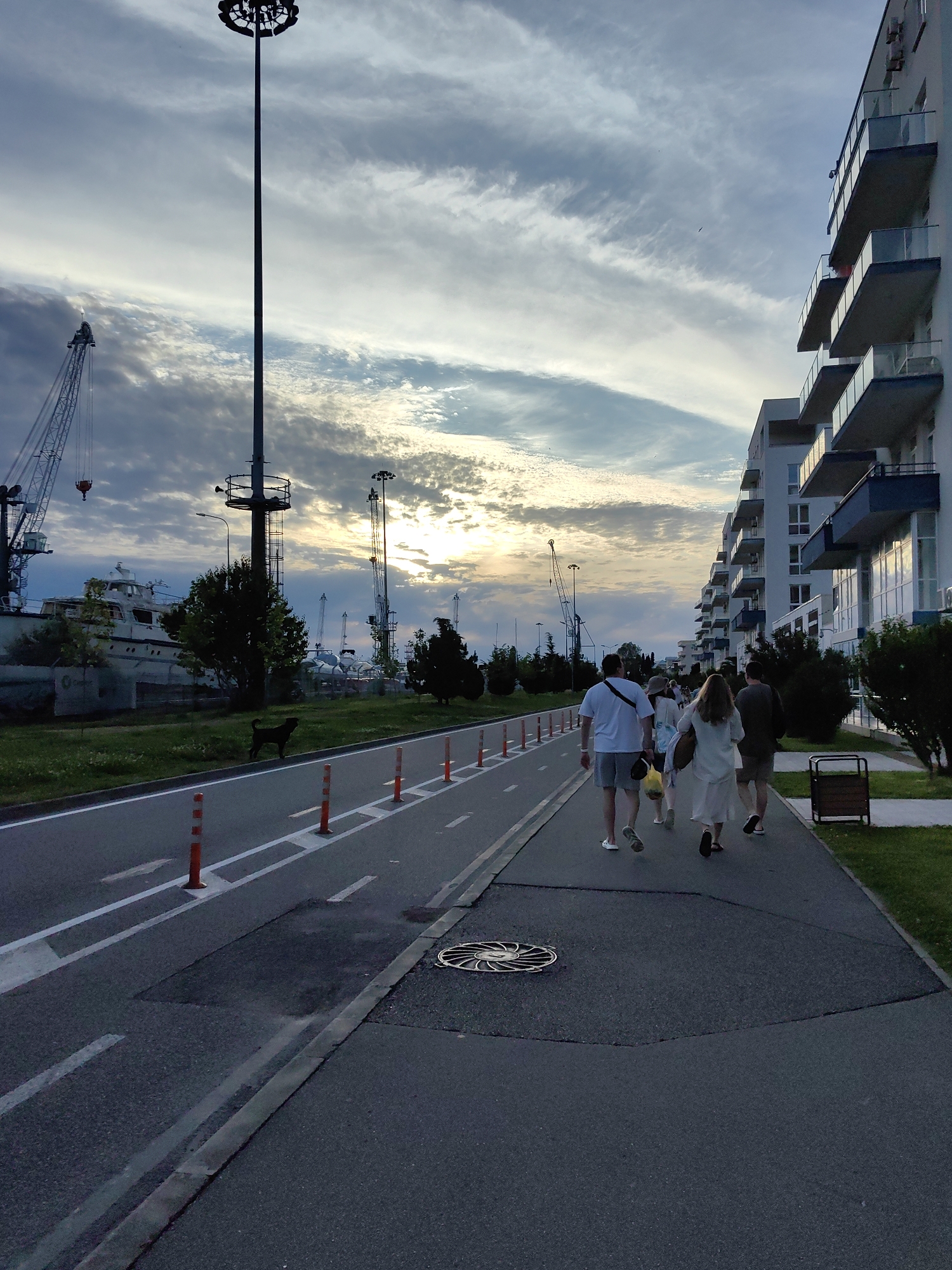 The image captures a late afternoon or early evening scene in what appears to be a modern coastal or port area. The low sun, partially obscured by clouds, casts a soft light across the sky, suggesting dusk is approaching.
In the foreground, a group of four adults walks away from the camera on a wide paved sidewalk. One man, wearing a white t-shirt and shorts, carries a bag over his shoulder. Next to him, a woman in a long white dress walks alongside others, their faces obscured. To their left, a separated path, possibly for bicycles or pedestrians, is marked with white lines and lined with orange traffic cones.
On the far left, a towering high-mast lighting pole stands prominently against the cloudy sky. Further into the background on the left, several large industrial cranes are visible, along with what looks like a large, older ship or boat docked near the shore, partially hidden by trees. Other smaller light poles dot the industrial landscape. A dark-colored dog is seen standing on the grassy verge separating the path from the industrial area.
On the right side of the image, a row of modern, multi-story apartment buildings with balconies stretches into the distance. These buildings are predominantly white with dark blue accents on their balconies and possibly window frames, indicating a contemporary architectural style. Green grass and manicured bushes line the sidewalk in front of the buildings. A dark trash bin is visible near the buildings. A circular metal manhole cover is visible on the paved ground.
The scene combines elements of urban development, industrial activity, and natural landscape under a cloudy sky, with people enjoying an evening stroll. No discernible text is visible in the image.
