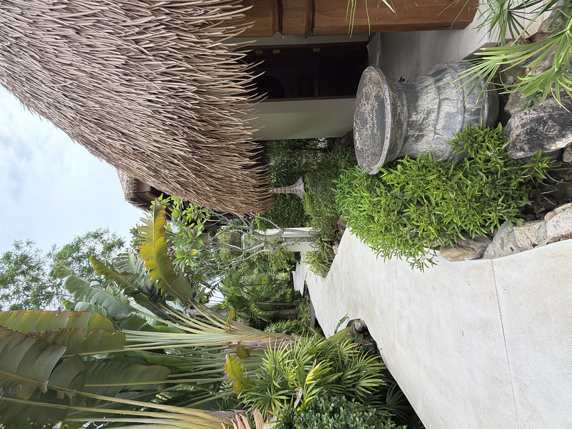 A concrete pathway curves through a lush garden with large palm fronds and vibrant green foliage on the left side of the image. A thatched-roof structure with a natural, rustic aesthetic is on the right, partially obscuring the view of the pathway as it recedes into the distance. In the foreground, a weathered, ornate stone pot sits beside the pathway. The scene suggests a tranquil, tropical setting, possibly a resort or spa in Ko Samui District, Thailand, given the vegetation and architectural style. The sky is overcast, creating soft, diffused light.