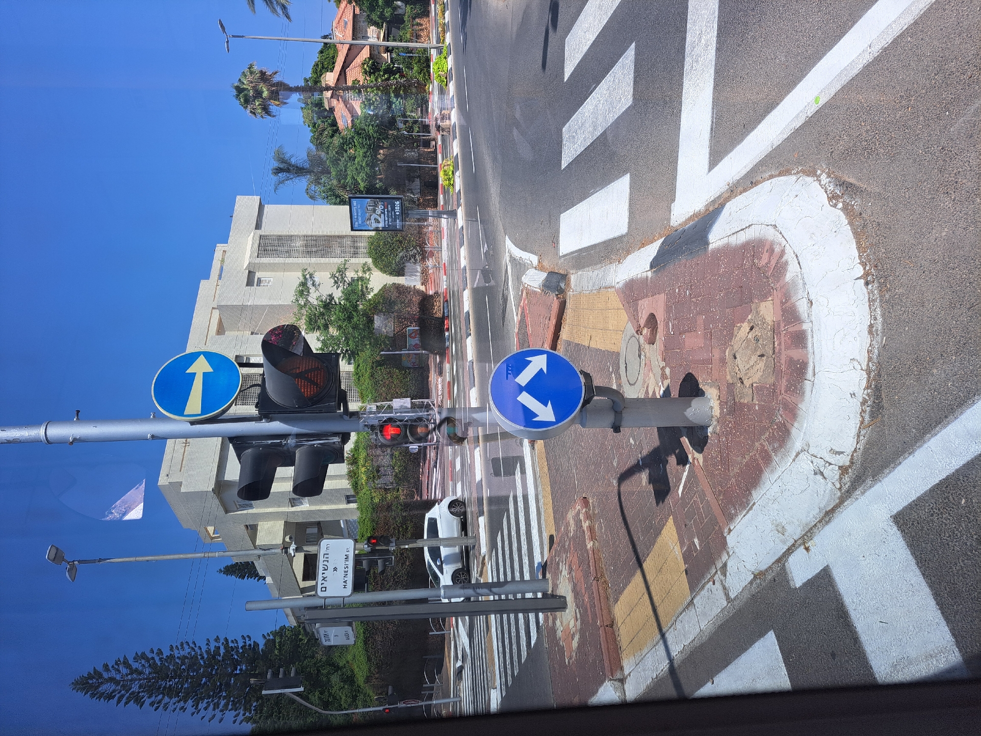The image shows a street intersection in Raanana, Israel. A traffic light is visible, currently showing red for the direction facing the camera. To the right of the traffic light, there is a blue circular sign with two white arrows pointing left and right, indicating that traffic can proceed in either direction. Further down the street, a white car is stopped at a crosswalk. Buildings and trees line the street, and the sky is clear and blue. A street sign identifies the road as Ha'Nesi'im St.