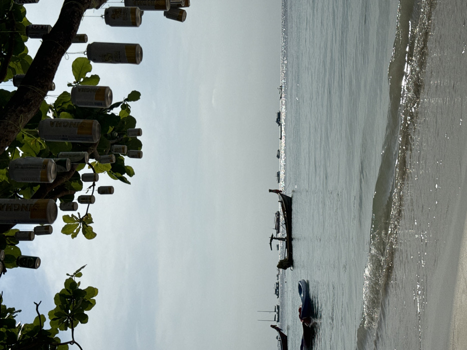 This image captures a beachside location in Unknown, Unknown, likely Thailand, under bright, diffused sunlight. In the foreground, a tree branch extends across the top of the frame, from which numerous empty aluminum beverage cans are suspended by string, acting as decorations. Prominent branding for "SINGHA" and "LEO" beers is visible on many of these cans. Below, the calm ocean stretches into the distance, with gentle waves breaking onto a sandy shore that occupies the bottom portion of the image. Several boats are present on the water: two small, dark-colored personal watercraft, one blue, float near the left shore. A traditional dark-hulled longtail boat with distinctive high bow and stern is anchored slightly left of center. Further out towards the hazy horizon, numerous other boats, including larger vessels, are visible as dark silhouettes against the shimmering water surface. No individuals are depicted in the scene.
