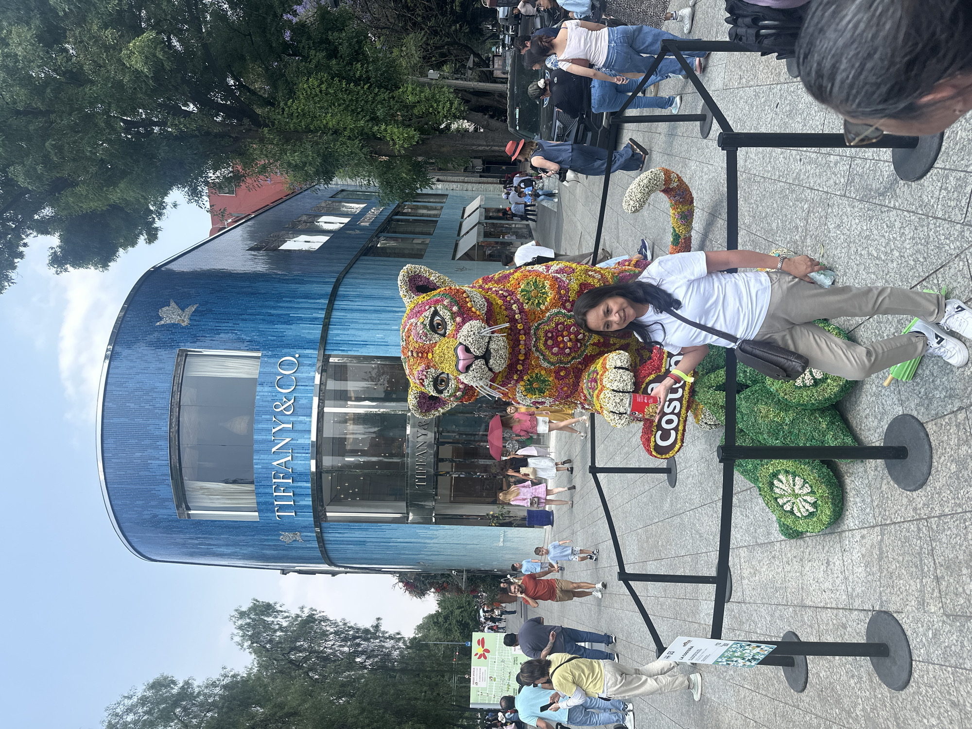 The image shows a woman lying next to a large, colorful floral sculpture of a jaguar or similar feline. The sculpture also includes a logo or sign that says "Costco." The background features a Tiffany & Co. building, suggesting an upscale urban setting.
Several other people are visible in the background. Some are standing and walking in the vicinity of the Tiffany & Co. building, while others are behind a roped-off area.
The location is Mexico City, Mexico.