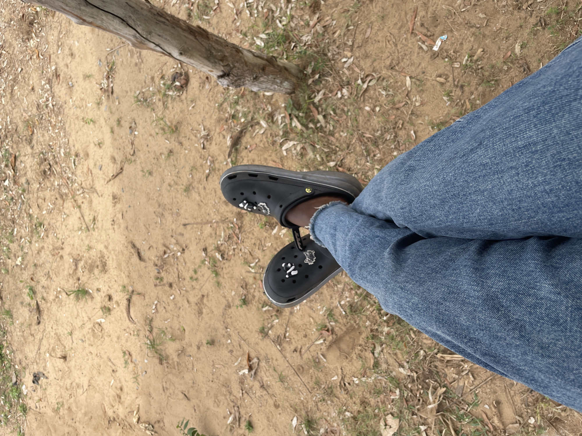 In Iyafin, Nigeria, a person is seen sitting outdoors on sandy ground, with a weathered tree trunk to their right. The individual is wearing blue denim jeans and black Crocs, each adorned with white charms. The scene is illuminated by natural daylight, casting a soft glow on the surroundings. The ground is a mixture of sand, scattered dry leaves, and sparse patches of green grass, indicating a natural, undeveloped setting.