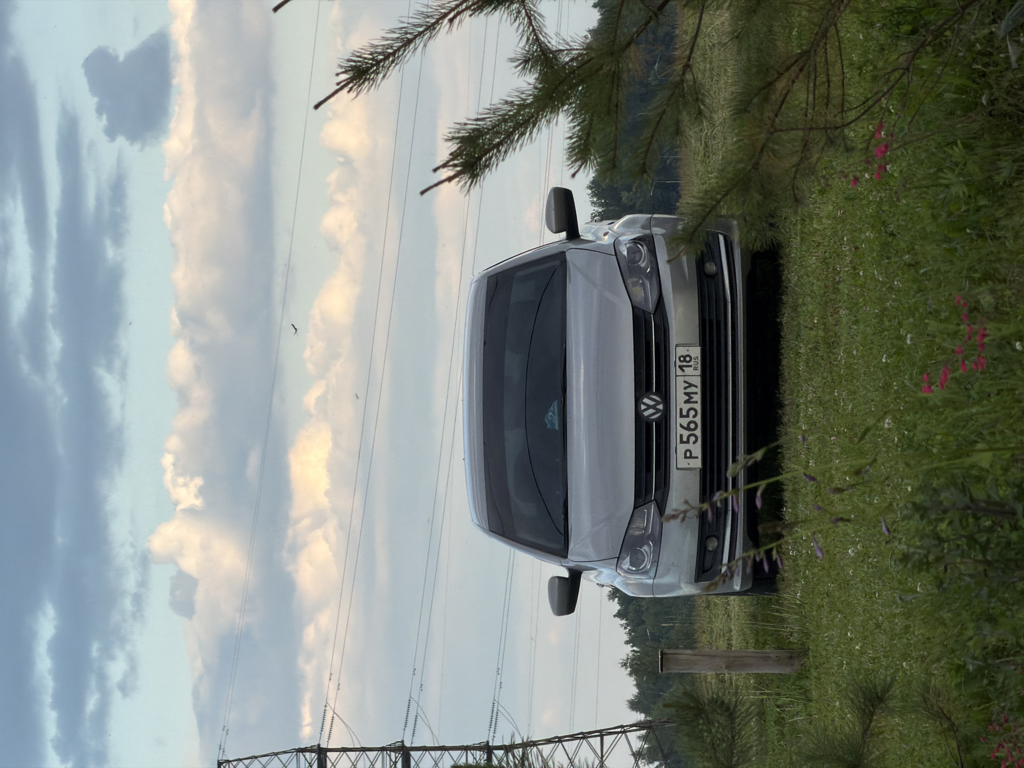 This is a vertical, medium shot photograph taken outdoors in Bol'shaya Ven'ya, Russia. The main subject is the front of a silver Volkswagen car, parked on the right side of the frame, facing forward. The car has its headlights on and its license plate reads "P565MY 18 RUS."
The scene is set in a grassy, rural area, possibly a field or roadside verge, with lush green grass and some small purple wildflowers visible in the foreground and to the right of the car. A tall pine tree with green needles partially obscures the top of the car and extends into the upper left corner of the image. In the background, a dense line of dark green trees forms a tree line.
Above the car and trees, a vast sky is visible, filled with a mix of dramatic clouds. Some clouds are a pale blue, while others are illuminated with a soft, warm light, suggesting either sunrise or sunset. The lighting conditions indicate it is likely late afternoon or early evening.
Overhead power lines are a prominent feature in the background, stretching across the sky and supported by metal pylons. There is no indication of any people or specific activity taking place. The overall mood is natural and serene, with a focus on the car and the expansive, cloud-filled sky.