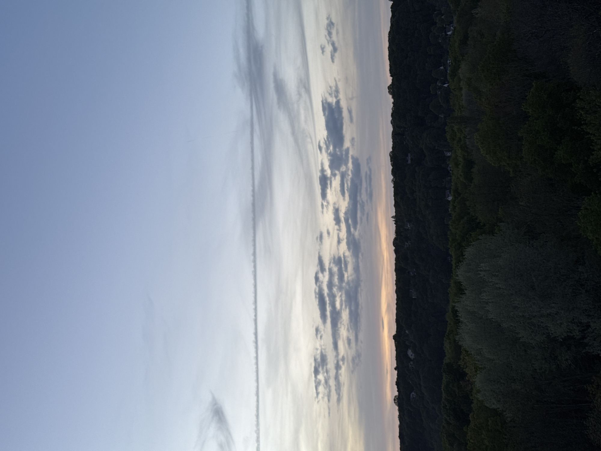 This image, originally oriented vertically, captures a serene natural landscape under a vast sky, indicative of either dawn or dusk. The dominant feature is the sky, which transitions from a clear, light blue at the top to a canvas of varied cloud formations in the middle and lower sections. Wispy cirrus clouds are interspersed with more defined, scattered darker grey clouds. A striking, straight contrail from an aircraft cuts horizontally across the sky, bisecting the cloud layers. Near the horizon, the sky shows faint warm hues of yellow and orange, suggesting the sun is low.
Below the sky, a dense, dark green forest covers a significant hilly or mountainous area, forming a prominent horizon. Within the thick canopy of trees, especially towards the left and center, the faint outlines of houses or buildings can be discerned, indicating a residential area integrated with the natural environment. The abundant foliage suggests a lush, wooded landscape.
No people or specific activities are visible, contributing to a tranquil and expansive atmosphere. The weather appears partly cloudy with clear patches. The scene reflects the natural beauty and verdant surroundings of Gometz-le-Châtel, France, known for its green spaces. There is no visible text in the image.