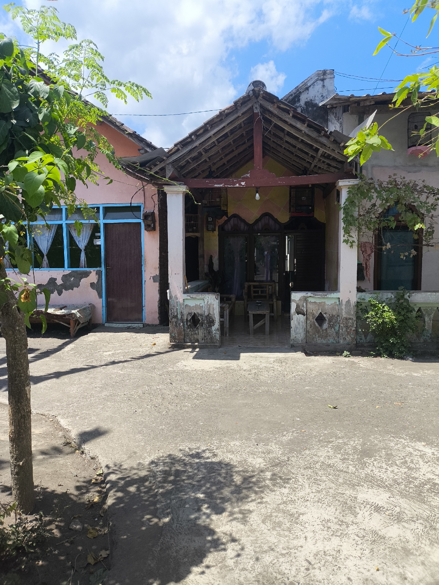 The image depicts a simple, weathered house with a pink facade on the left and a cream-colored facade on the right, located on a paved outdoor area in Grati, Indonesia. A wooden door with a metal handle is visible on the left side of the house, next to a window with bright blue trim and white curtains. A small, rustic wooden bench with a woven top is positioned in front of the window. The front of the house features an open porch supported by square pillars, with a wooden roof structure and exposed beams. Inside the porch, several wooden chairs and tables are arranged. The walls of the porch show signs of wear and peeling paint, with decorative diamond-shaped openings. Green foliage from a tree overhangs the left side of the house, and a vine with green leaves climbs the right side. The ground in front of the house is a concrete surface with tire tracks and shadows cast by the tree and the house. The sky above is blue with scattered white clouds. The scene appears to be a residential dwelling in a rural or semi-urban area of Grati, Indonesia, characterized by its humble architecture and signs of age.
