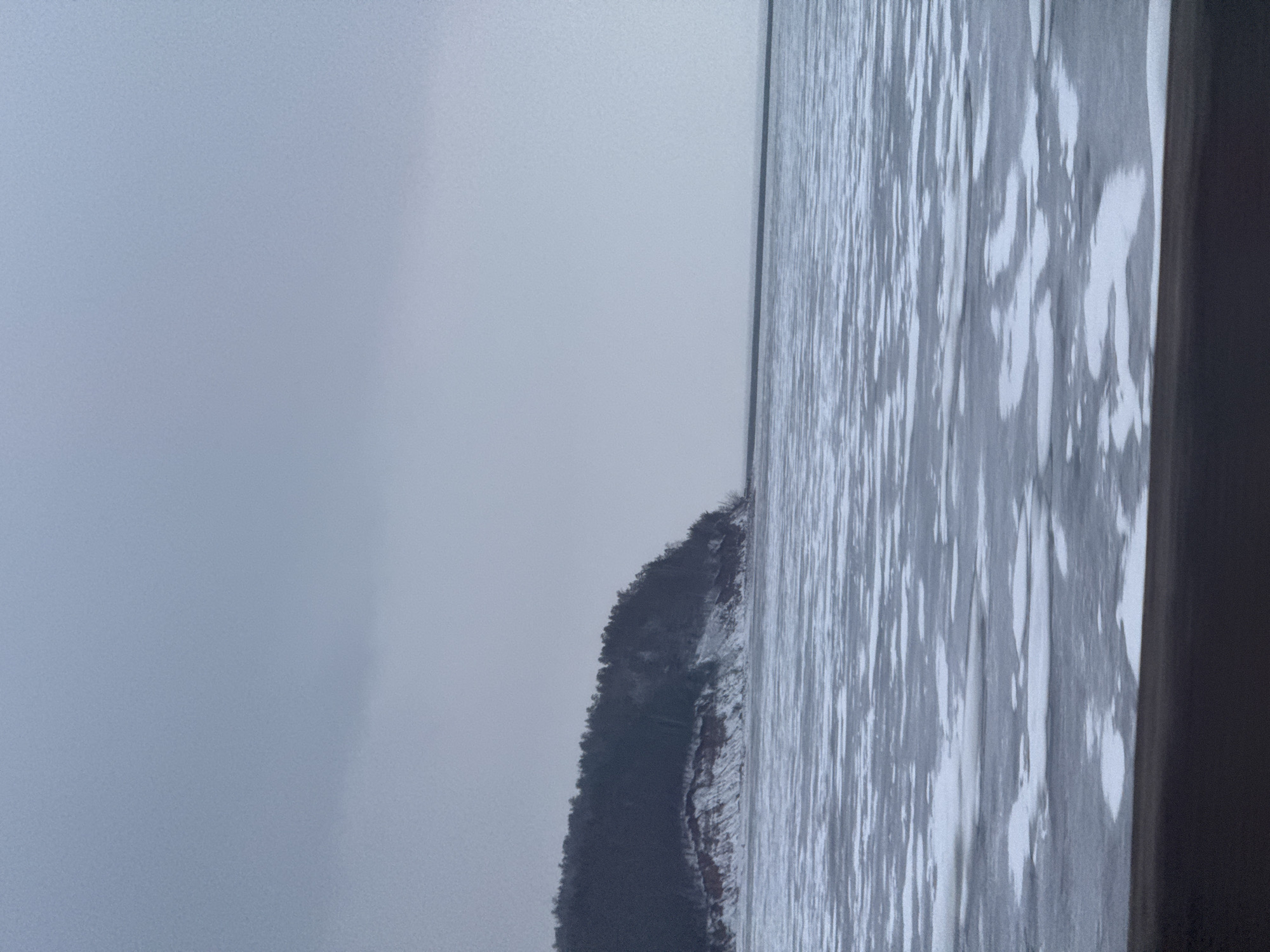 A landscape image, taken on an overcast day, depicts a snow-covered shoreline abutting a body of water. The shoreline, visible on the left, appears to be lined with trees, possibly a forest. The water, on the right side of the frame, shows signs of ripples or waves, and is partially covered with melting ice or snow. The sky is uniformly gray, suggesting a cloudy or foggy day. The picture is taken at a strange angle on its side and shows no people or visible structures. The location is Noviy, Russia.