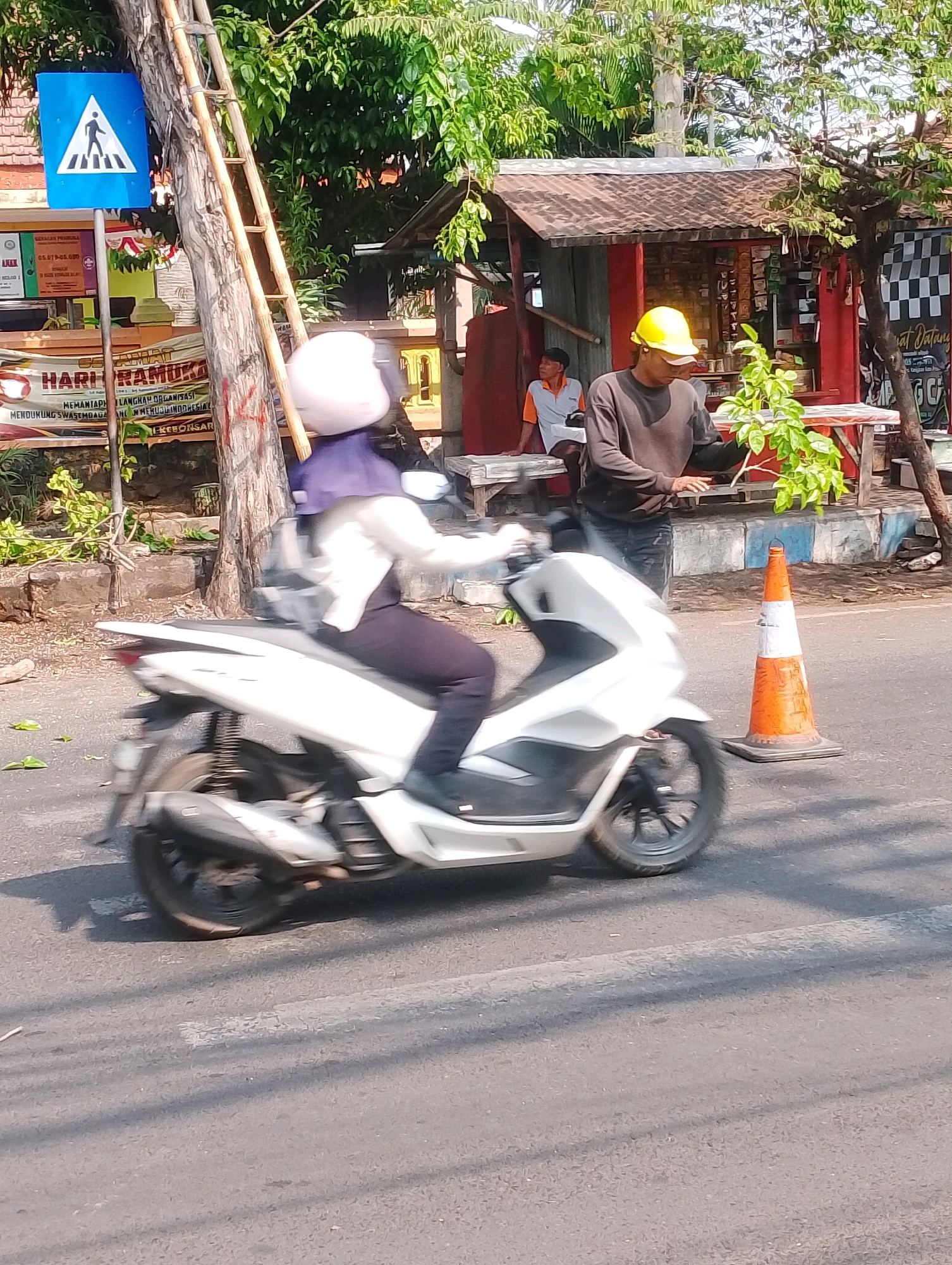The image depicts a street scene in Probolinggo, Indonesia, likely near a pedestrian crossing marked by a blue and white triangular sign with a silhouette of a person walking on a crosswalk. A person wearing a white helmet and a purple headscarf is riding a white scooter, blurred due to motion. To the right, a man in a brown long-sleeved shirt and a yellow hard hat is standing near a small roadside stall. He is interacting with a plant. Next to him, an orange and white traffic cone is placed on the road, possibly indicating a temporary obstruction or work area. In the background, there are trees, a building with a corrugated metal roof, and a ladder leaning against a utility pole. The lighting suggests it is daytime, with bright sunlight casting shadows.