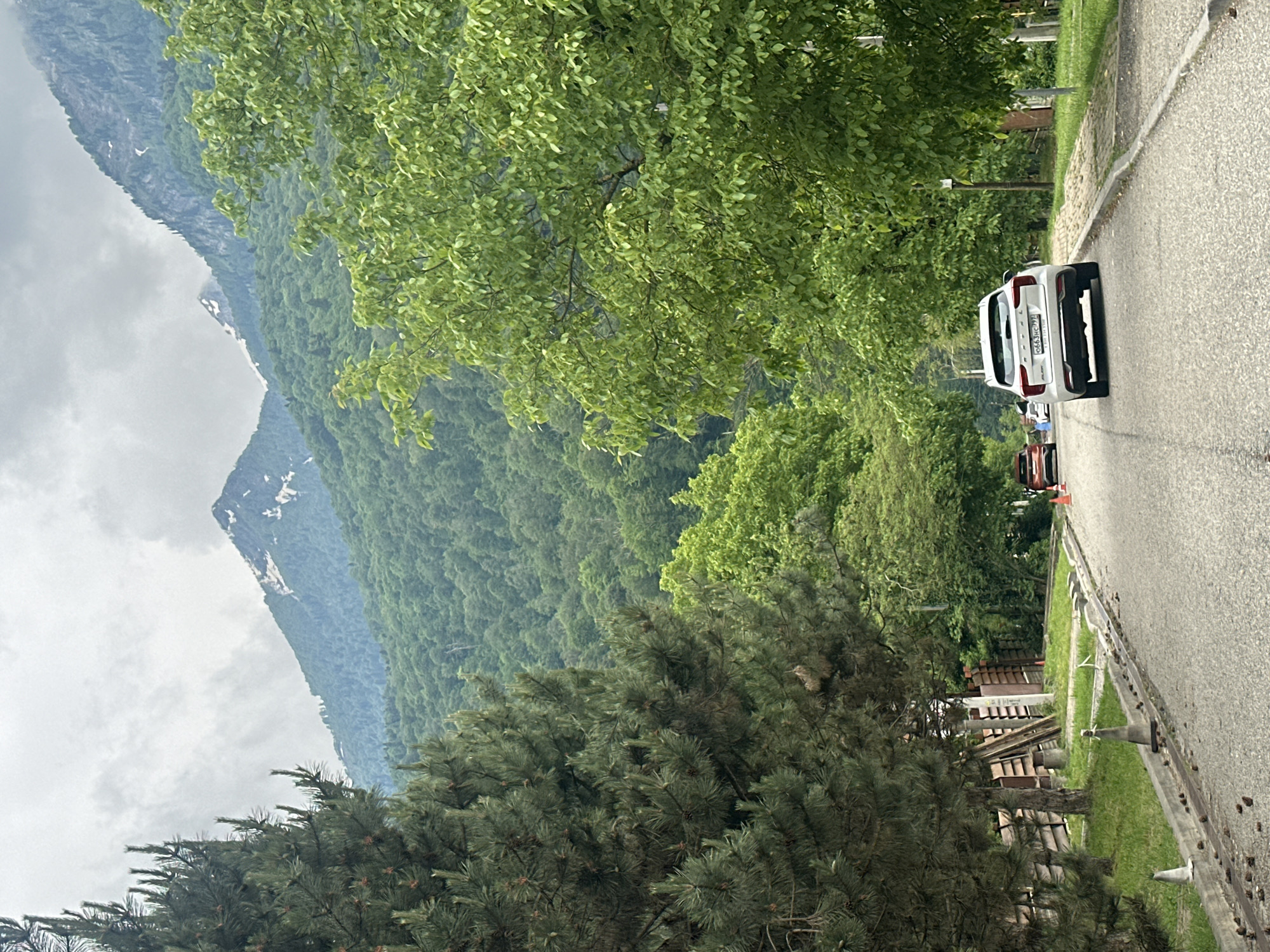 The image depicts a street scene in Krasnaya Polyana, Russia, under a cloudy sky. In the foreground, a paved road curves gently to the right, lined with a concrete curb and grass. Several pine cones are scattered along the curb. Two white traffic cones are visible on the road. A white SUV with a license plate displaying "0663HC 777" is parked on the right side of the road, facing away from the camera. Further down the road, a red SUV is visible.
To the left of the road, a tall pine tree dominates the foreground, with a wooden fence behind it. To the right of the road, a lush green deciduous tree with dense foliage extends into the frame. In the background, rolling green hills covered in dense forest rise towards imposing mountains. The peaks of these mountains are partially covered with snow, and the sky above is overcast with gray clouds. The overall environment suggests a mountainous, forested area in a settlement.