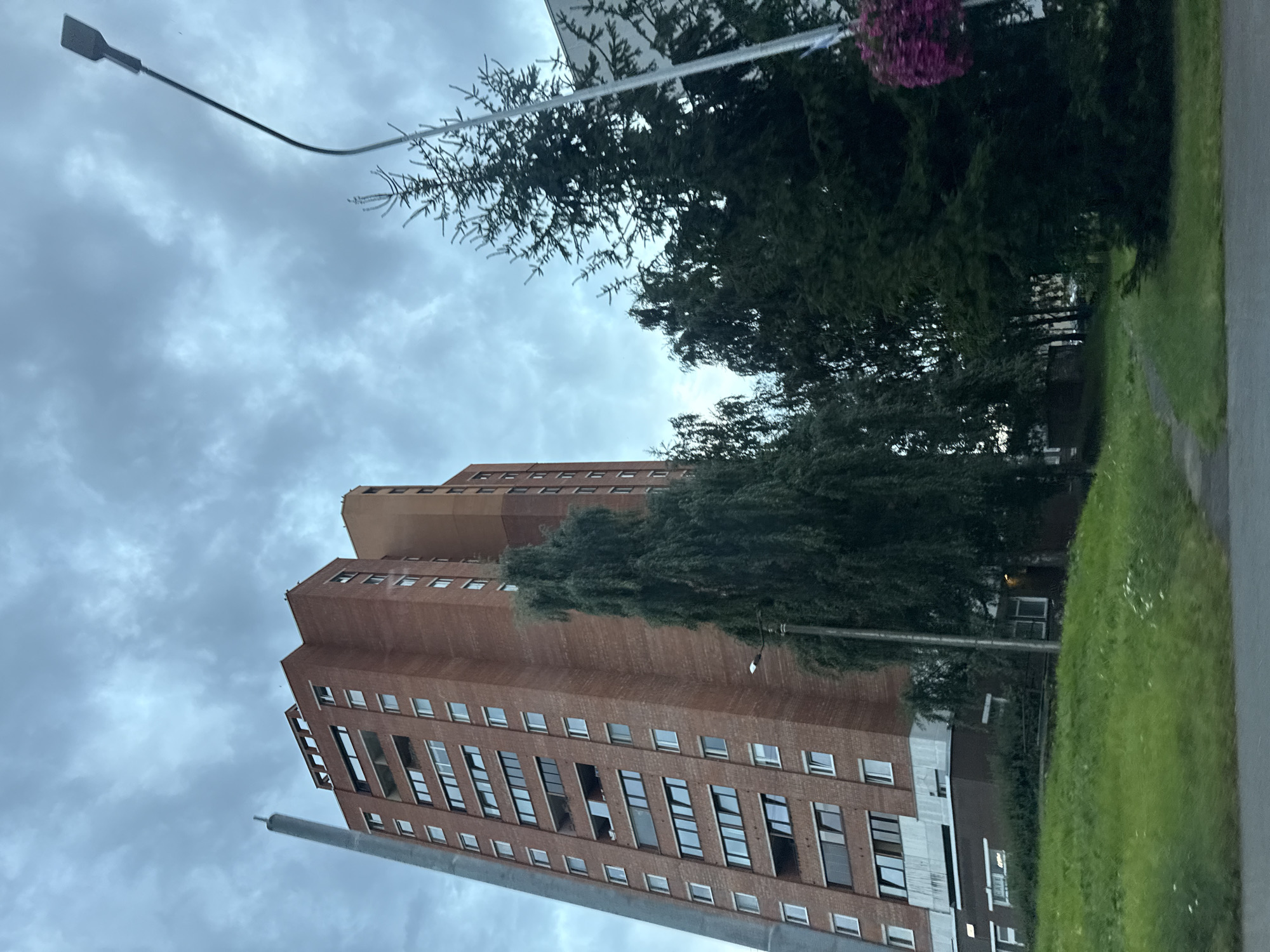 An overcast sky looms over a residential building in Tallinn, Estonia. The brick building, which appears to be a high-rise apartment complex, features numerous windows and balconies. A tall, metallic pipe-like structure is attached to the left side of the building. In front of the building, a sloping lawn is covered in green grass with some scattered white flowers. Several trees, including coniferous and deciduous varieties, are situated on the lawn. A streetlamp with a modern design stands on the right side of the image, with a hanging planter of pink flowers attached to it. The ground in the foreground is paved.