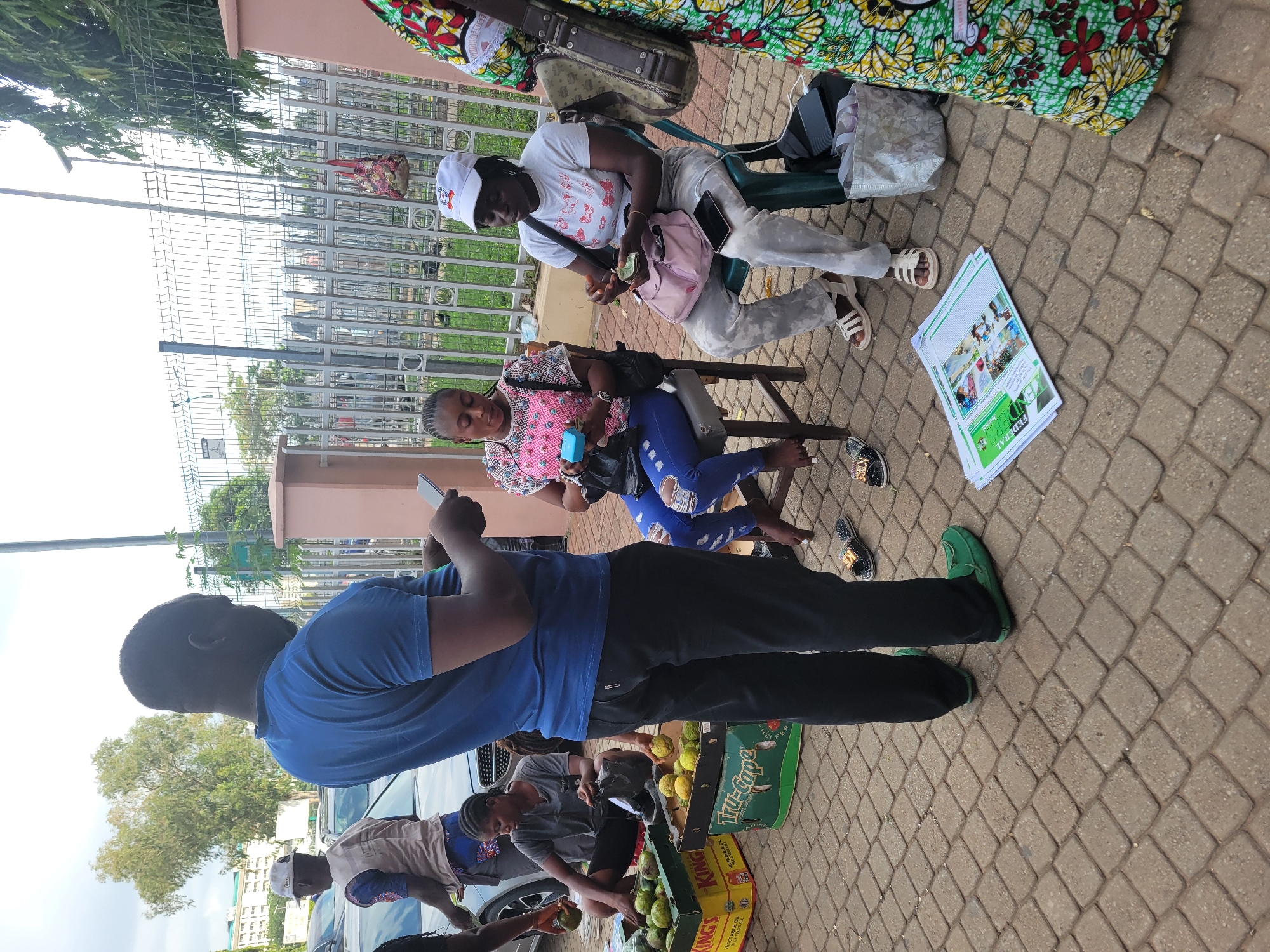 The image depicts an outdoor scene on a paved sidewalk, likely a market or street vending area in Abuja, Nigeria, under bright daylight.
In the foreground, a man in a blue t-shirt and black pants stands with his back to the viewer, holding a smartphone. His feet are clad in green loafer-style shoes. To his right, several individuals are gathered around a makeshift fruit stall. A woman is seen reaching into a yellow fruit box labeled "KING'S" which contains mangoes or similar fruit. Another green box with "Tru-Cape" and "HELPER" text is also visible, next to a white car.
Further back, two women are seated on green plastic chairs. The woman on the left wears a white cap and white t-shirt, holding what appears to be money. Her cap shows partial text that seems to include "TION OF LFE". A pink shoulder bag is visible beside her. The woman next to her, in a pink top and blue ripped jeans, is looking down at a small object or phone in her hands. Part of a person in colorful floral attire is visible at the top right of the frame.
On the paved ground near the seated women, several printed papers are scattered, displaying images and text. Visible text includes "FEDERAL", "FEDERAL REPUBLIC OF NIGERIA", "NIGERIA", and "TENDERS". A metal fence and a building are in the background, under a clear sky. The scene suggests a casual street commerce environment, with individuals engaged in buying, selling, and using mobile devices.