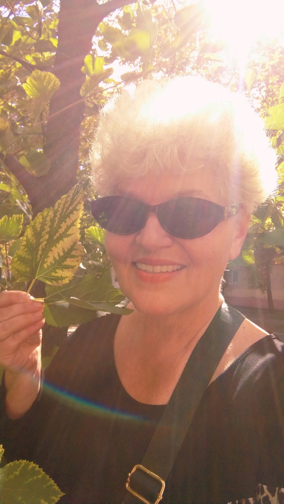 A woman with blonde, permed hair and sunglasses smiles as she holds a variegated green and yellow leaf in her left hand. She is wearing a black top with a dark strap visible across her chest. Sunlight streams through the trees behind her, creating lens flare and illuminating her hair. A faint rainbow-colored light streak is visible on her top. The background suggests an outdoor, possibly urban environment, with trees and foliage. The context of Horishni Plavni, Ukraine, implies a scene set in a park or garden within that city.