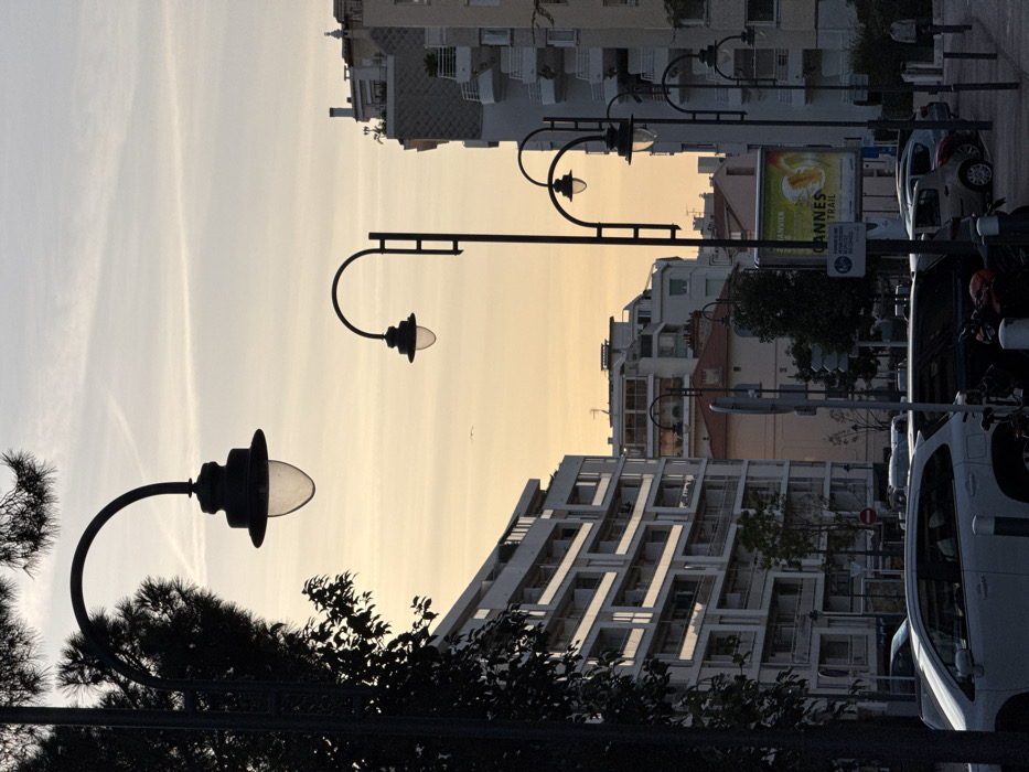 Silhouetted lampposts line a street with apartment buildings on either side, against a pale yellow sky at dusk or dawn. Cars and scooters are parked along the right side of the street. A sign that reads "Cannes" is visible among the buildings. The foreground features dark, leafy trees. The modern architecture includes buildings with balconies and a repetitive, geometric design. A small bird is visible in the sky.