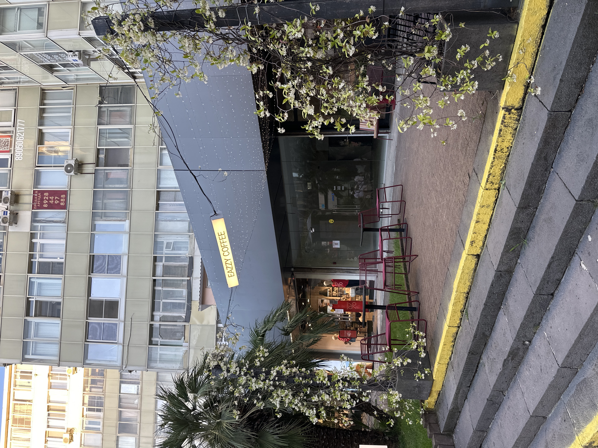 The image depicts the entrance to "EAZZY COFFEE" in Sochi, Russia. A modern, gray facade with a lighted sign above the entrance is visible. The entrance features large glass windows, through which several people can be seen inside. Outside the coffee shop, red metal chairs and tables are arranged on a paved area, with some greenery and a palm tree to the left. A black lamppost adorned with blooming white flowers stands to the right. The scene is set against the backdrop of a multi-story apartment building with numerous windows. The overall impression is of an urban cafe setting during daylight hours, with decorative floral elements adding a touch of nature.