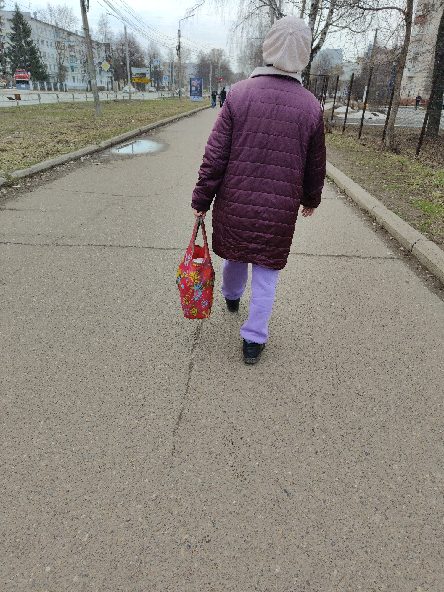 A medium, eye-level shot depicts an individual walking away from the viewer on a gray asphalt sidewalk in an urban environment. The person is wearing a dark purple quilted jacket, light purple sweatpants, and black shoes, and has a cream-colored cap on their head. They are carrying a red tote bag with colorful floral designs in their right hand.
The sidewalk is cracked in places and runs alongside a curb, with a strip of unkempt grass and some trees on the right. On the left, there is a grassy area with a puddle of water, beyond which lies a street and buildings. In the distance, other people are walking along the sidewalk. The sky is overcast. The image gives the impression of a dull, urban landscape, likely on a cool day.
