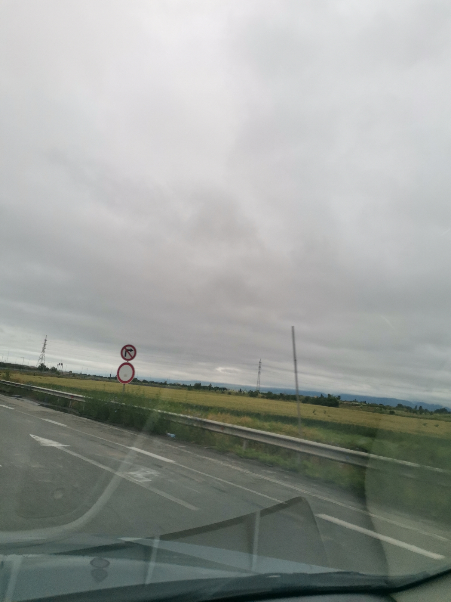 This is a photograph taken from inside a vehicle, looking out at a roadside scene under a cloudy sky. The camera is positioned at a low angle, capturing the dashboard or interior of the car in the foreground, reflected on the windshield.
The road is visible, with a white arrow marking a lane. To the right of the road is a metal guardrail separating it from a grassy field. Beyond the field, there are trees and distant hills or mountains. Two traffic signs are visible in the middle ground. The top sign is circular with a red border and a black arrow indicating a left turn, crossed out with a red diagonal line, signifying "no left turn." Below it is another circular sign with a red border and a white interior, likely indicating a prohibition, though its specific meaning is unclear due to resolution.
In the background, a tall electricity pylon stands to the left, and another thinner pole is visible to the right. The sky is overcast with a uniform gray hue. The overall impression is of a rural or semi-rural highway setting on a dull day.