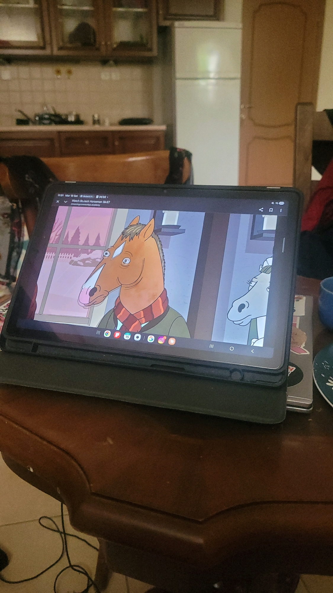 An overhead medium shot captures a tablet displaying an episode of the animated series "BoJack Horseman" on a wooden table in a domestic setting. The tablet, situated in the foreground, shows a scene with two anthropomorphic horse characters. The left character, a brown horse with a distinctive white muzzle and blue eyes, is wearing a red and brown striped scarf and a green jacket. The right character, a white horse with sunglasses, is partially visible on the right side of the screen. The tablet is placed within a black case, which rests on a dark wooden table with a curved edge. A black power cord is visible on the table to the left of the tablet. In the background, a blurred kitchen area is discernible, featuring wooden cabinets, a white refrigerator, and a closed door. The overall lighting suggests an indoor environment, possibly daytime given the natural light reflecting from the window on the tablet screen. The image does not provide specific information about the location within Gerakas Municipal Unit, Greece.