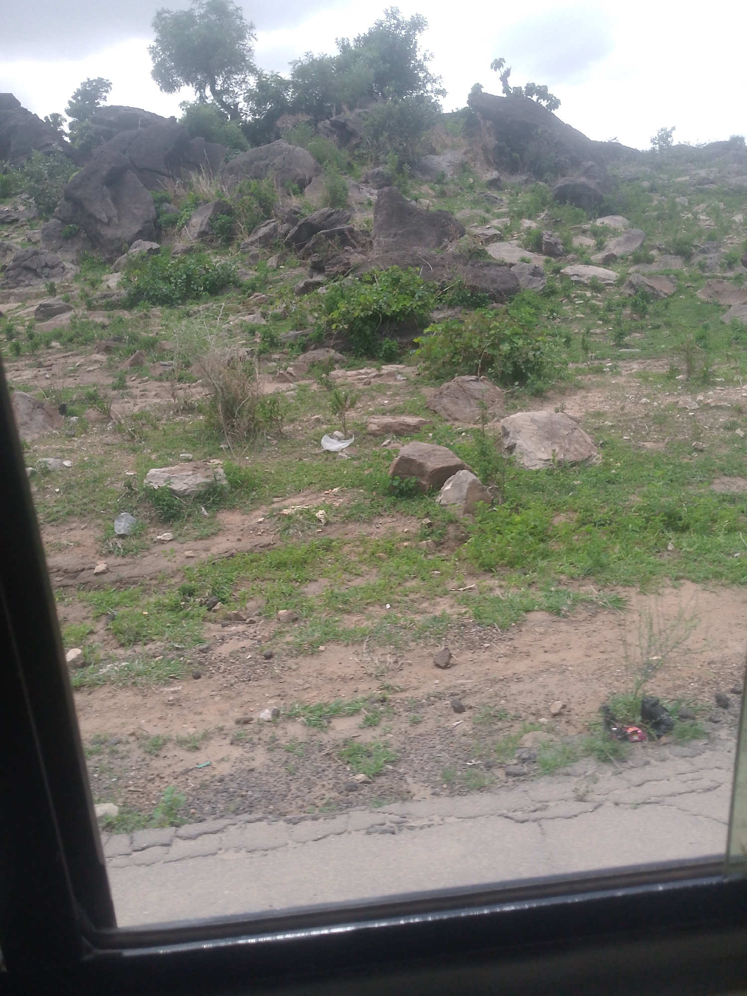This image, captured in Lafia, Nigeria, depicts a rocky, vegetated hillside viewed from inside a vehicle. The foreground features the dark frame of a vehicle window at the bottom and left. Immediately outside the window, a section of a grey asphalt road with visible cracks runs horizontally. Adjacent to the road is a dirt shoulder containing scattered pebbles, sparse green vegetation, and pieces of litter, including a white plastic bag and a small red object. The terrain rises into the midground, characterized by numerous light to dark grey rocks and boulders embedded in brown soil, interspersed with patches of green grass and small shrubs. The background reveals a steep hillside densely covered with large, dark grey boulders and a variety of green trees and bushes. The sky is uniformly overcast and light grey. No people are present, and no specific actions or interactions are depicted.