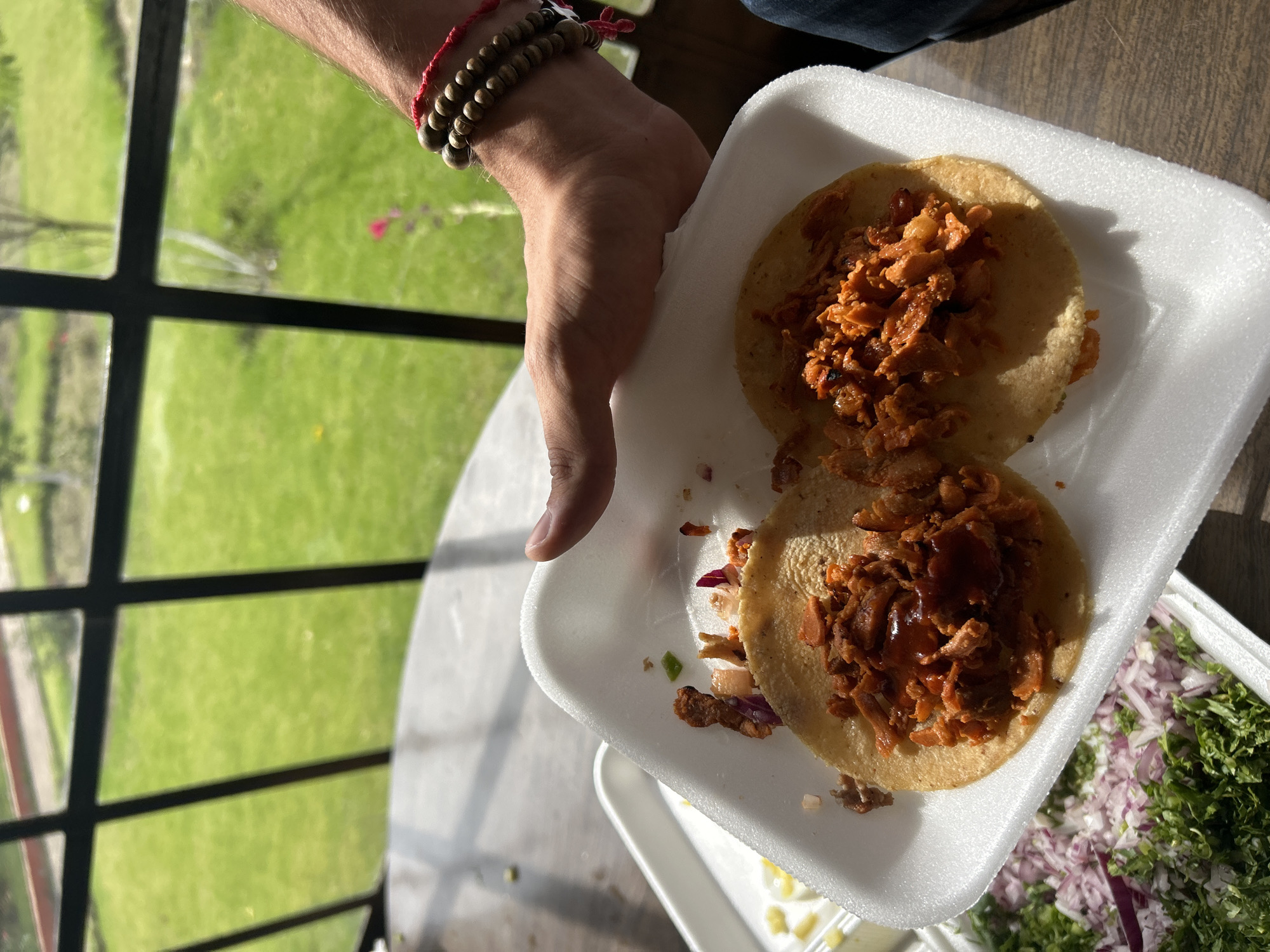 The image shows a person holding a white styrofoam tray with two tacos al pastor on it. The tacos are filled with marinated pork and topped with what appears to be salsa. A separate container with chopped onions and cilantro is also visible on the tray. The person is wearing bracelets on their wrist. The background features a window with a view of a green, grassy area. The location is Unknown, Unknown.