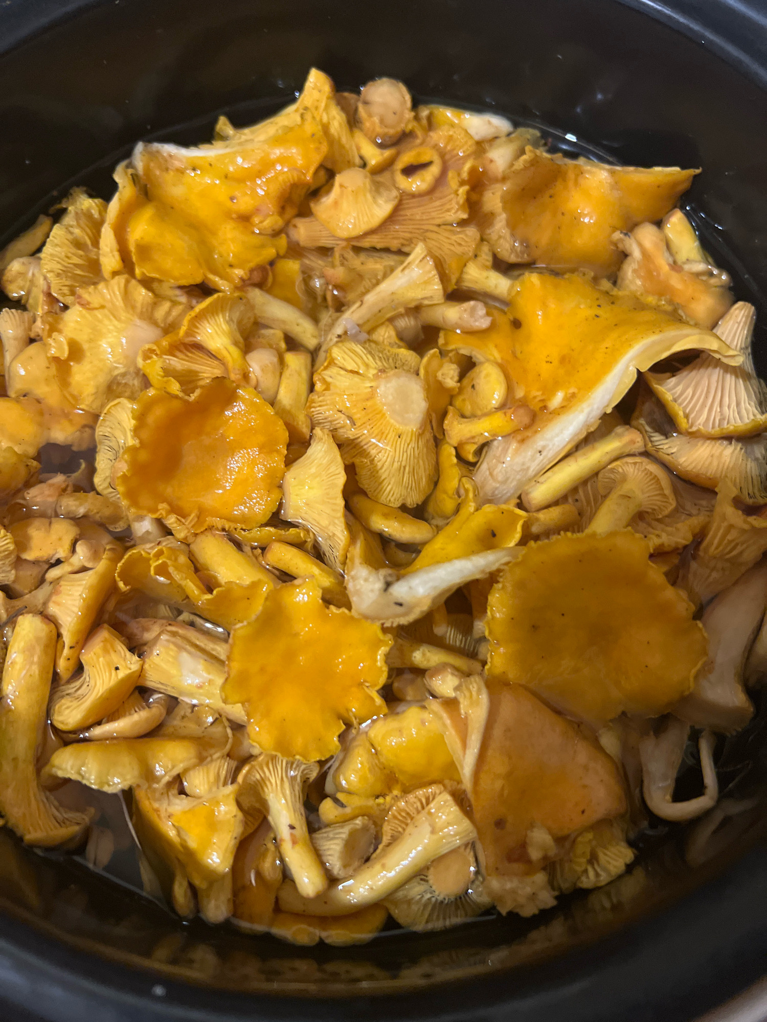 This is a close-up, top-down shot of chanterelle mushrooms being cooked in a dark pot. The mushrooms are bright yellow-orange and appear to be in a liquid, possibly broth or water. Some have visible gills on their undersides, while others show their smooth caps. The shot is focused on the mushrooms themselves, with the dark rim of the pot visible around the edges. There are no people or any other objects present in the frame, and the setting is indeterminate.
