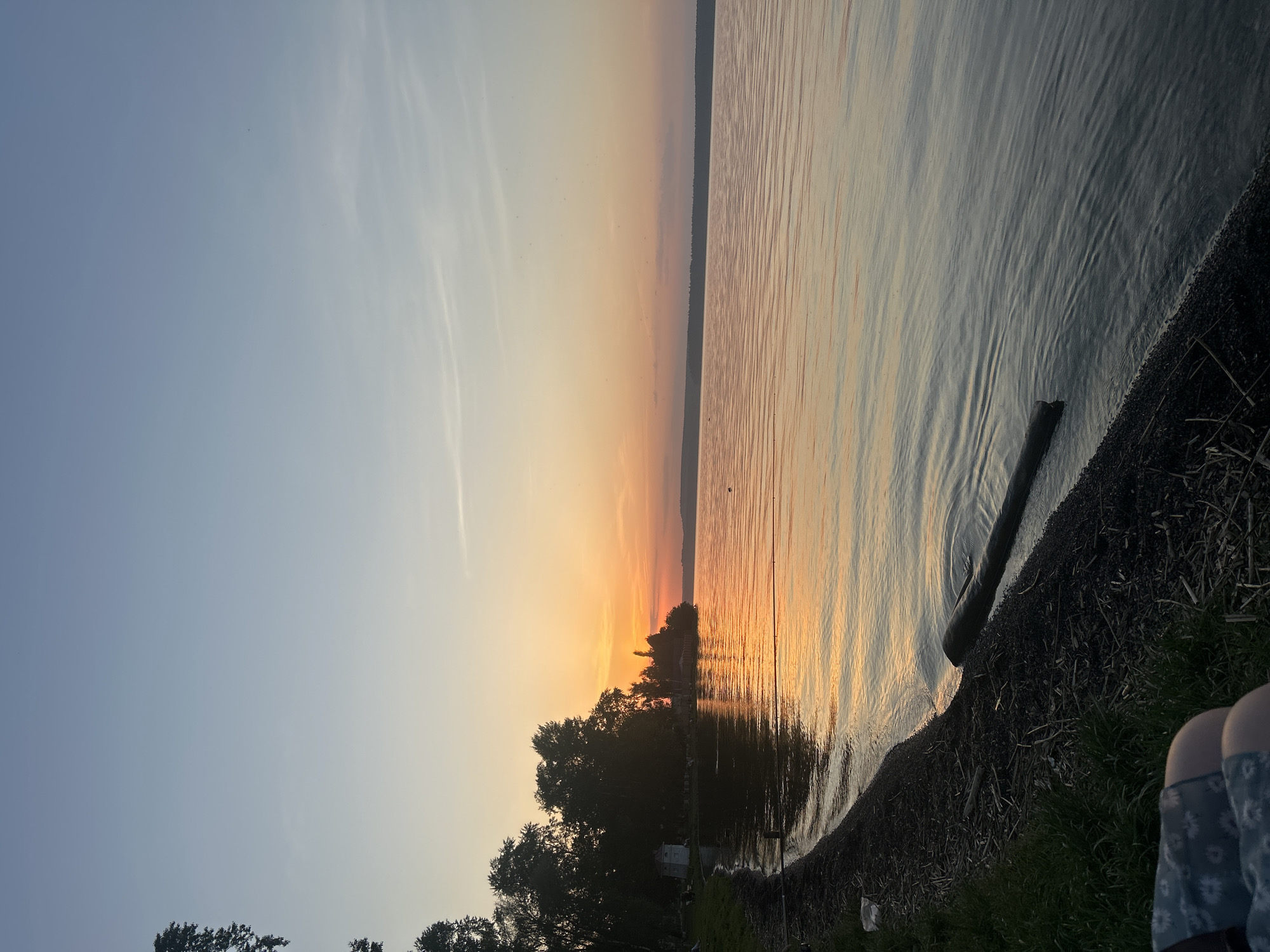 The image shows a sunset over a body of water. The sky transitions from blue to orange, with the sun setting on the horizon. There are trees and vegetation along the shoreline. A log sits near the edge of the water. The location cannot be definitively confirmed as Votkinsk, Russia based on the visual information alone. Further contextual data or metadata associated with the image would be needed to confirm the location.